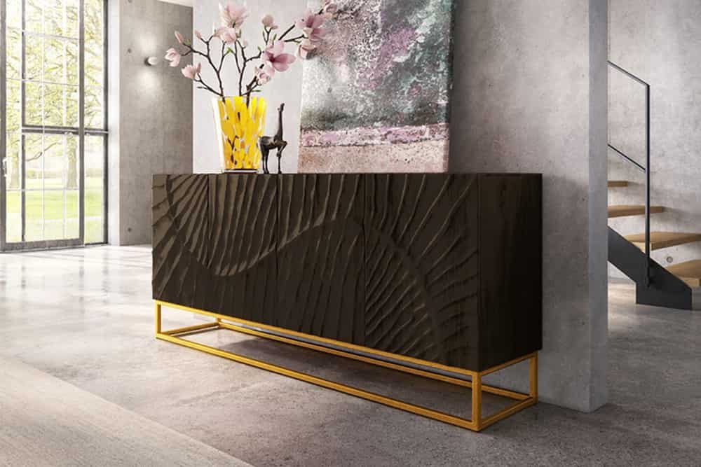 riess-ambiente Sideboard SCORPION 180cm schwarz / gold · Anrichte aus Mango-Massivholz, Metall-Gestell · Kommode mit 4 Fächern · 3D Schnitzereien · Wohnzimmer