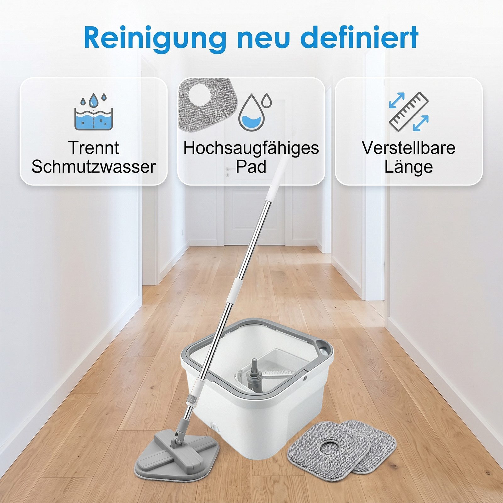AKKEE Wischmopp-Set mit Eimer, 2-in-1 Filtersystem Trennt Schmutz von Frischwasser, mit 2 Mikrofaserbezug