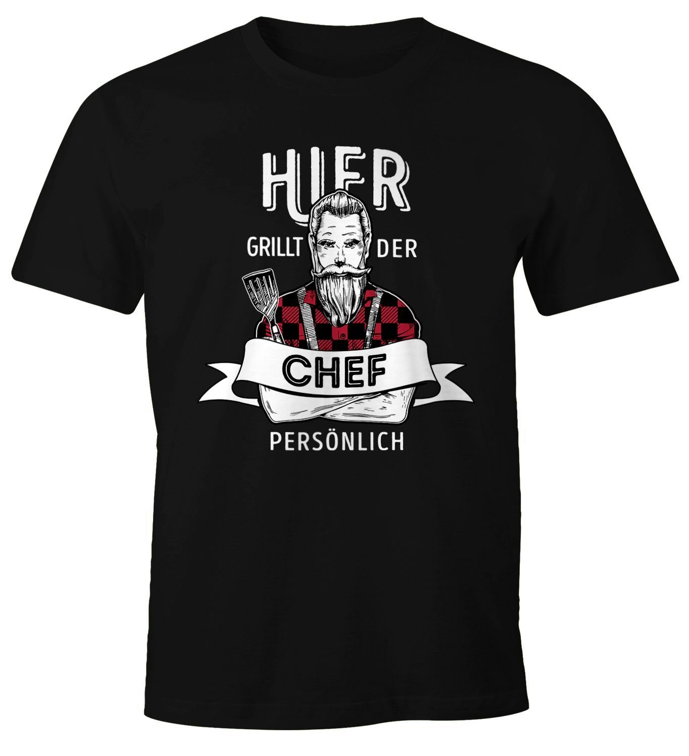 MoonWorks Print-Shirt Herren T-Shirt Hier grillt der Chef persönlich Spruch Hipster Grillen Fun-Shirt Moonworks® mit Print