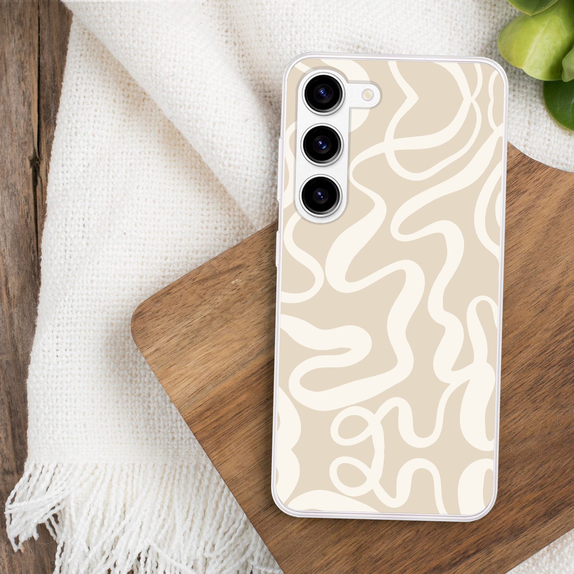 MuchoWow Handyhülle für Samsung Galaxy S23 Linien - Abstrakt - Beige - Weiß - Minimalistis, Phone Case, Silikon, Schutzhülle Dünn