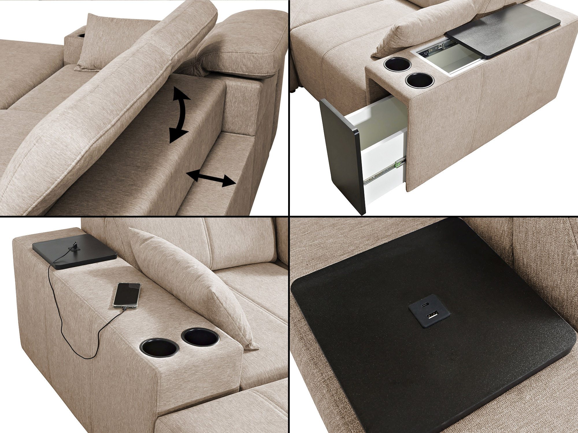 Möbel für Dich Ecksofa Ecksofa Mindy 1 – auch als Dreiersofa mit Hocker aufstellbar, mit Sitztiefenverstellung, USB, Minibar, Schlaffunktion, Bettkasten