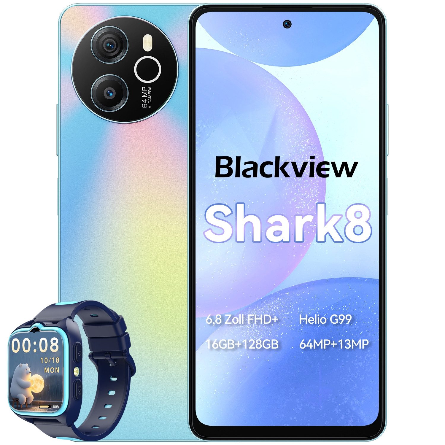 blackview Shark8(8+256) incl. R50 smartwatch Handy (6.8 Zoll, 256 GB Speicherplatz, 64 MP Kamera, 2.4K Display, Dual 4G, NFC/Face ID)