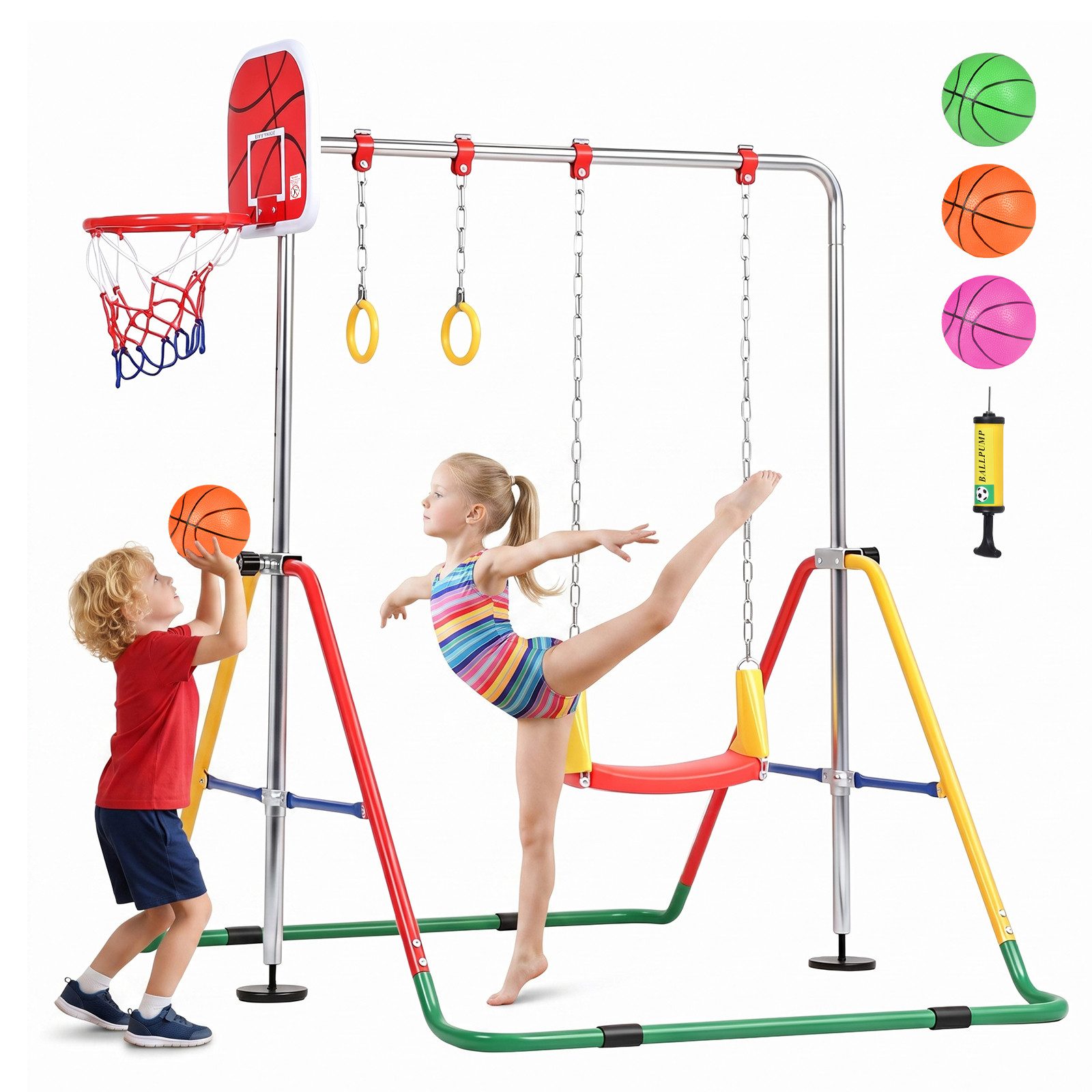 Hausright Turnreck Gymnastikstange Kinder Faltbare Höhenverstellbares Reckstange, (Gymnastikstange, Schaukel, Turnringen & Basketballkorb), Turnreck Indoor Outdoor Horizontale Training Bar Trainingsgeräte