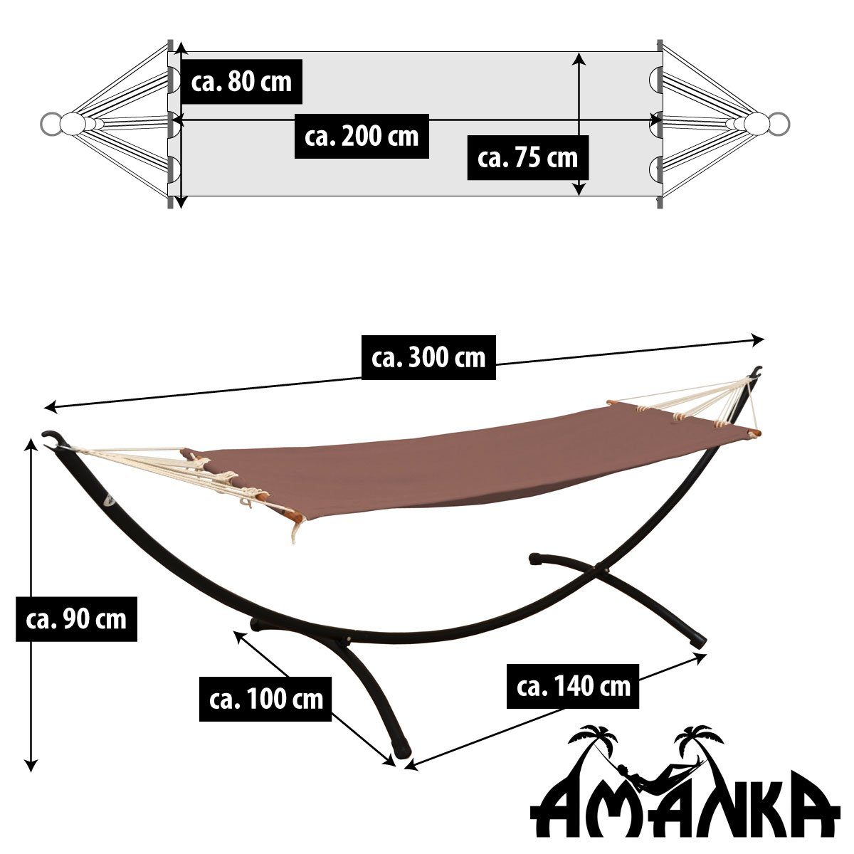 AMANKA Hängematte mit Gestell - 200 x 75 cm Stabhängematte für Garten, Terrasse & Balkon, Outdoor Relaxliege - Freistehende Hängeliege mit Ständer aus Metall