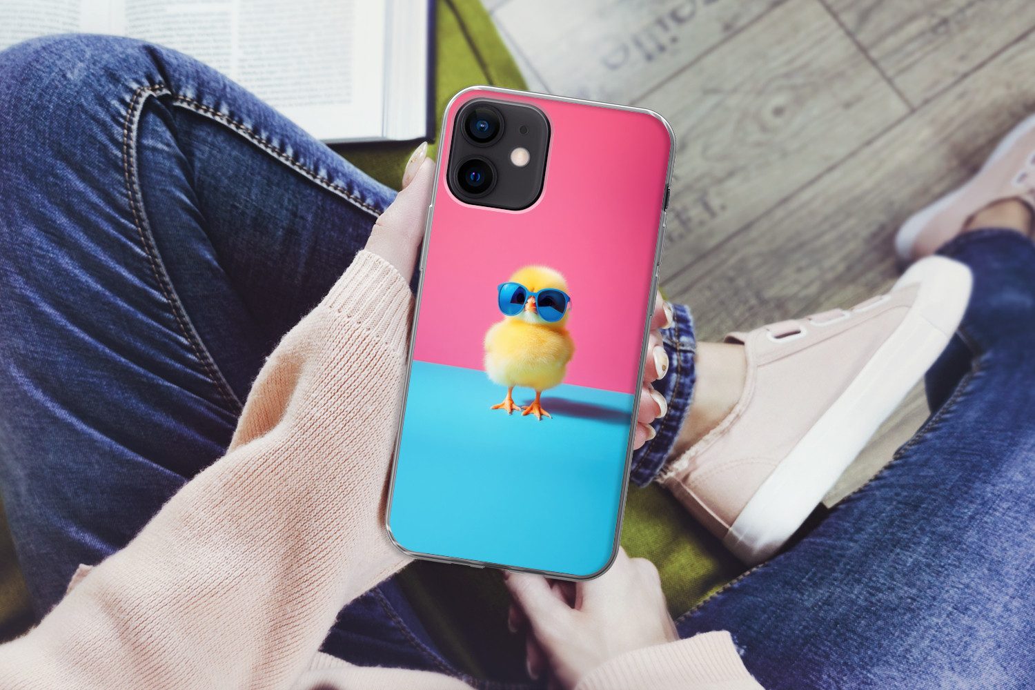 MuchoWow Handyhülle für Apple iPhone 12 Chick - Sonnenbrille - Blau, Smartphone-Bumper, Print, Handy Schutzhülle Dünn
