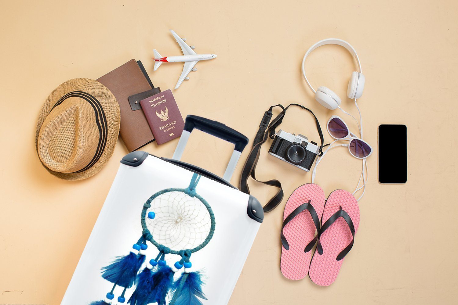 MuchoWow Handgepäckkoffer Hintergrund, mit für einem Rollen, Traumfänger Reisetasche Handgepäck Ferien, Ein rollen, weißen 4 Trolley, vor Reisekoffer blauer