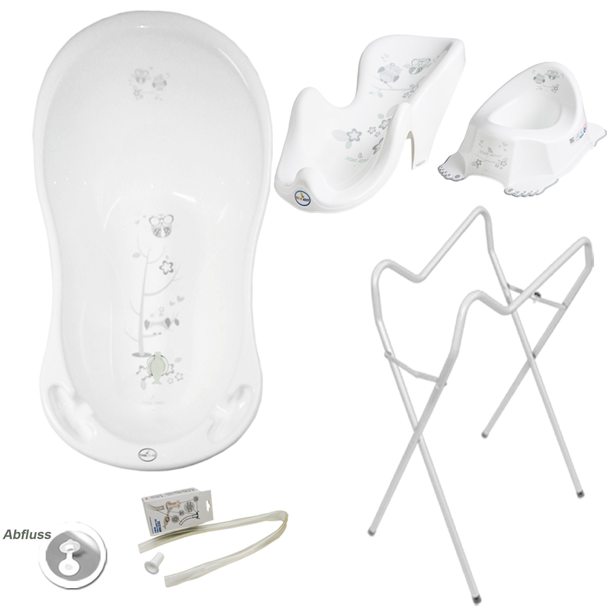 Tega-Baby Babybadewanne 4 Teile SET AB -EULE + Ständer Weiß - Abflussset Baby Wanne, (Premium.set Made in Europe), Wanne+ Badesitz+ Töpfchen+ Ablauf Set+ Ständer
