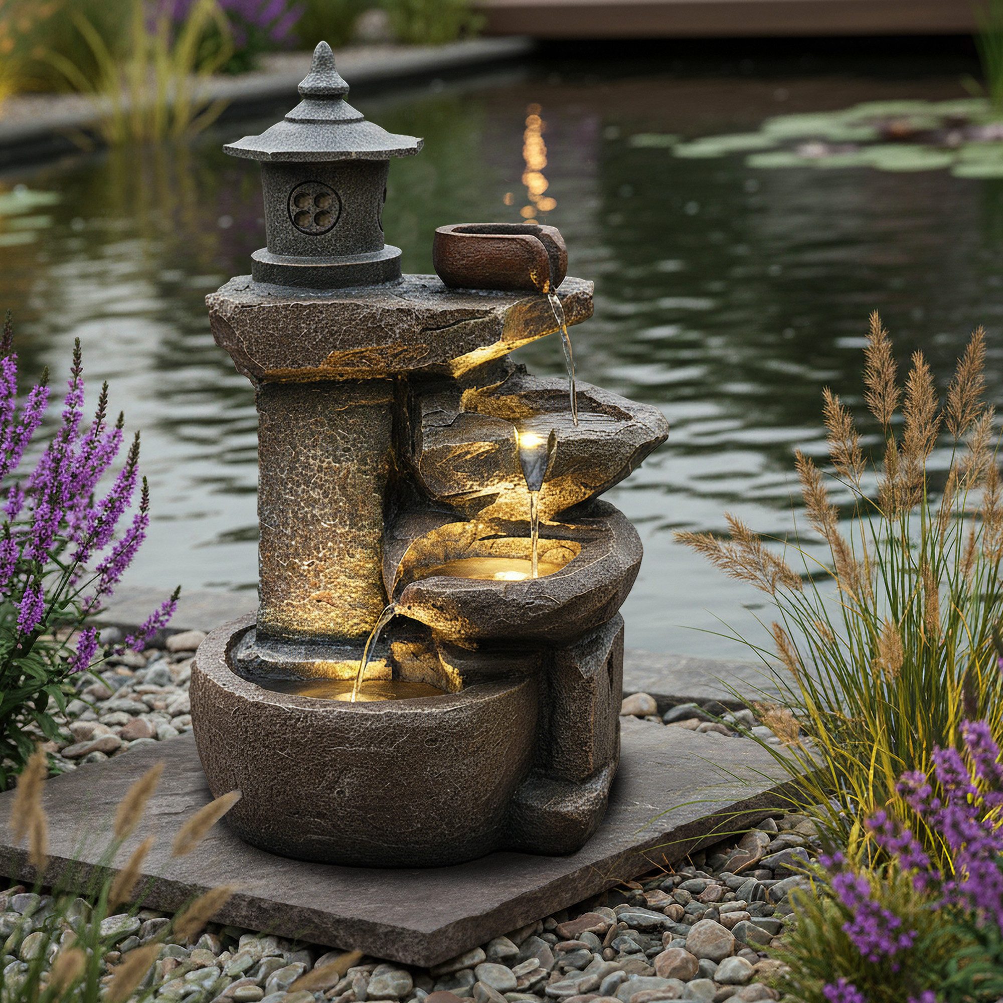 Arnusa Gartenbrunnen Zimmerbrunnen BK851 Springbrunnen Wasserfall Kaskade, Komplettset mit LED Beleuchtung 50 cm Höhe