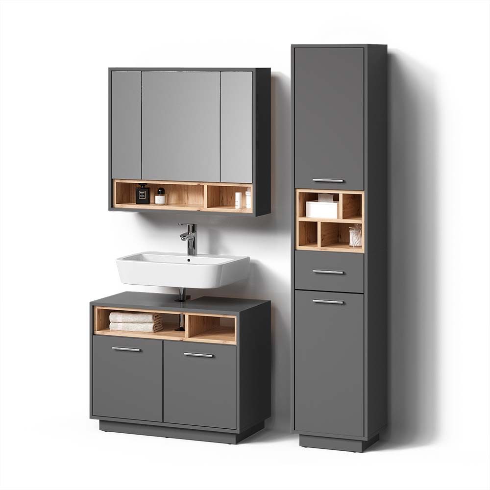 Livinity® Badmöbel-Set Temo, Anthrazit/Sonoma, 3 Teile, mit Hochschrank günstig online kaufen