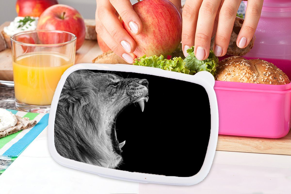 MuchoWow Lunchbox Tiere - Erwachsene, Kinder, rosa Mädchen, für Löwe Weiß Snackbox, Kunststoff Brotbox Porträt, - Brotdose (2-tlg), - Kunststoff, Schwarz 