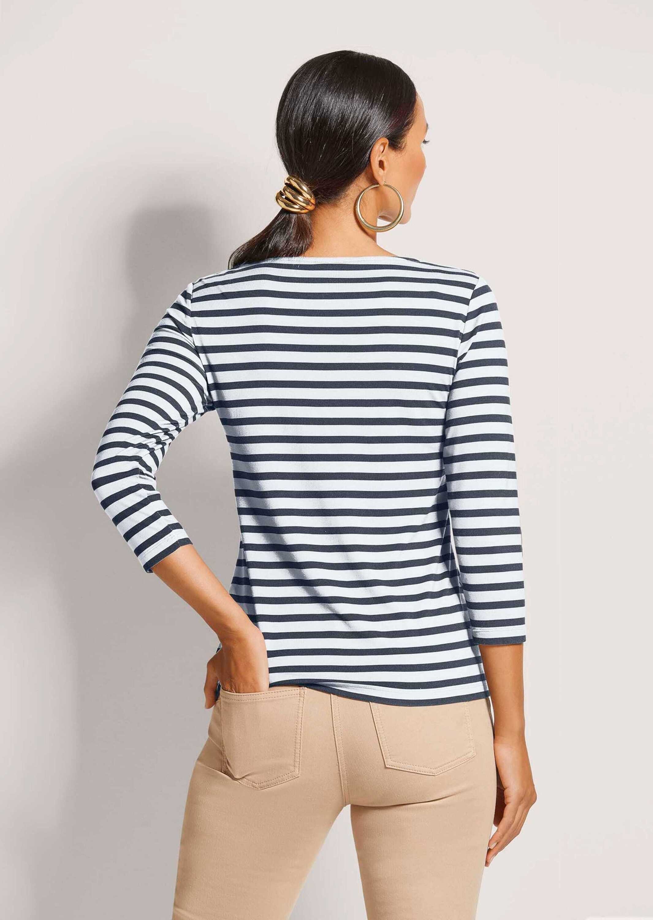 MADELEINE 3/4-Arm-Shirt Ringelshirt mit U-Boot-Ausschnitt, Halbarm Viskoseshirt mit Ringeloptik und 3/4-Arm