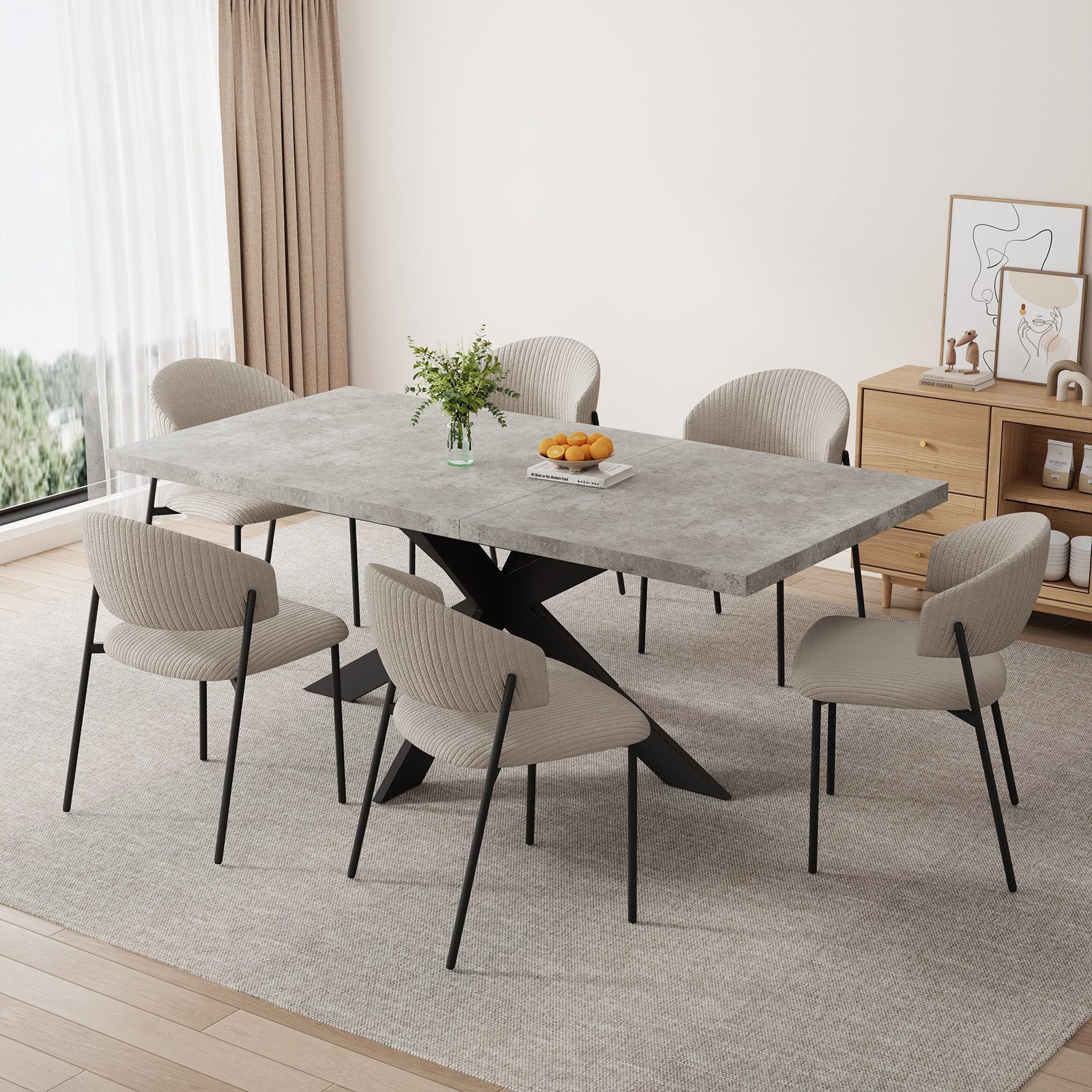 Jiexi Esstisch Tisch-und Stuhlset, Ausziehbarer Esstisch (130–170 cm) mit 4-6 Stühlen, ausziehbarer, hohe Härte, für 6 Personen