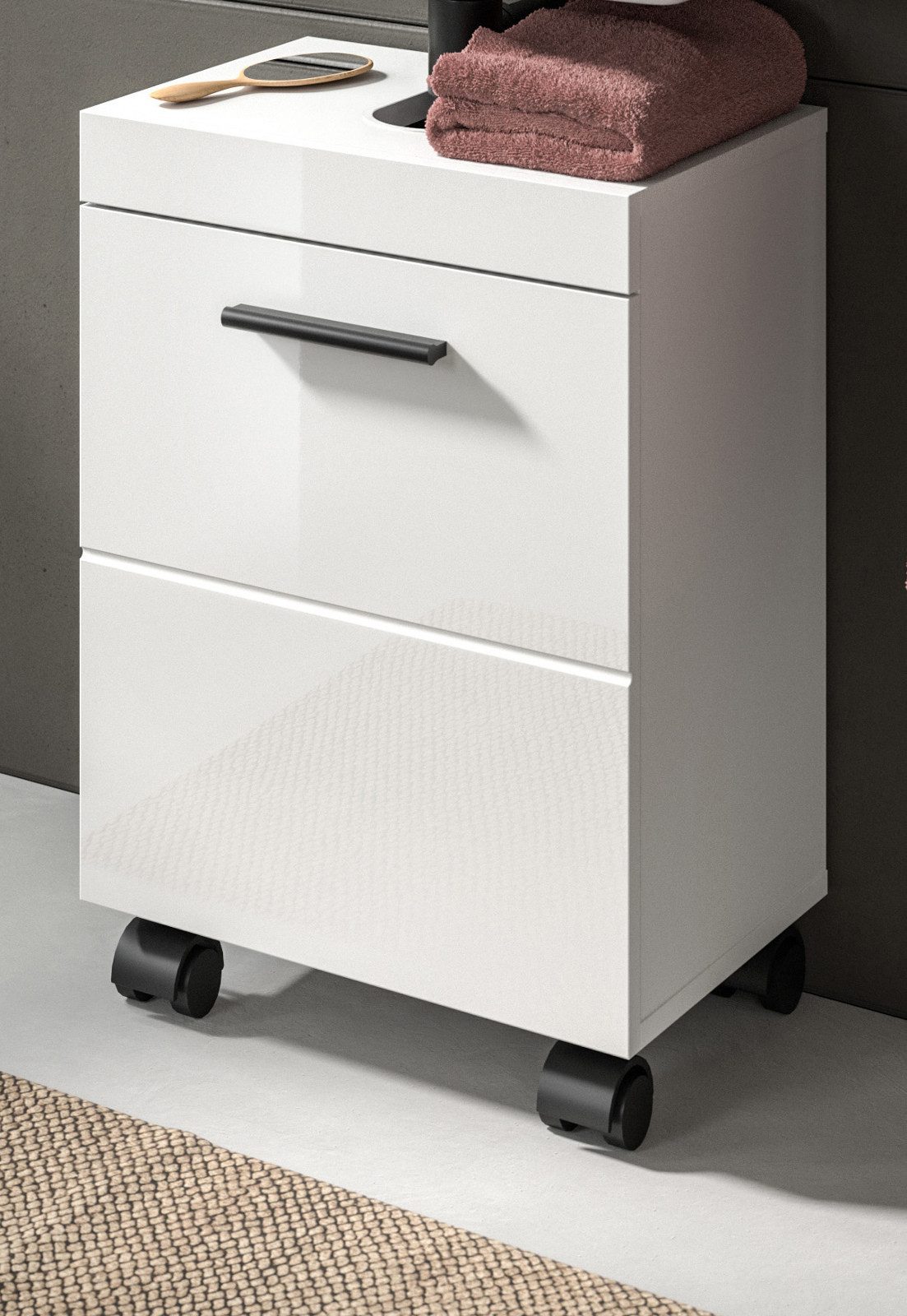 Inn.Furn Waschbeckenunterschrank Talerno (Badschrank in Weiß Hochglanz, auf Rollen, 40 x 58 cm) Türanschlag wechselbar