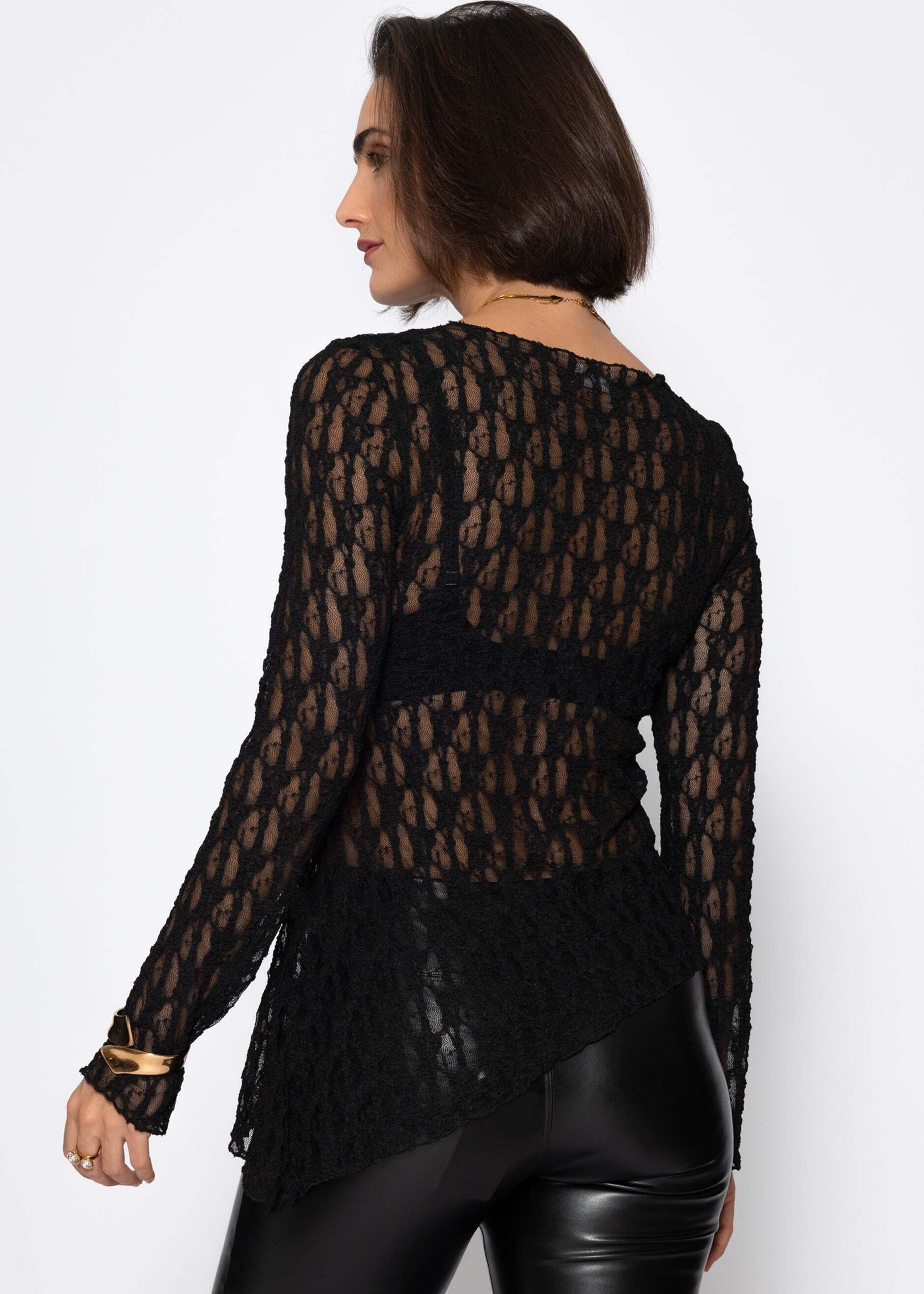 SASSYCLASSY Langarmshirt Asymmetrisches Spitzenoberteil für Damen Strukturiertes Langarmshirt mit Rundhals und figurbetontem Schnitt – Bild 5 von 5