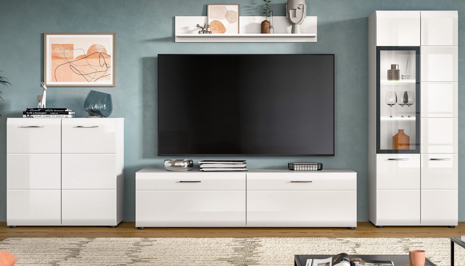 Inn.Furn Wohnwand Cover, (Wohnzimmer Schrankwand in Weiß Hochglanz, 4-teilig, ca. 330 x 160 cm), viel Stauraum in 15 Fächern