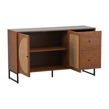 BlingBin Sideboard Kommode Küchenschrank Highboard (1 St), mit 2 Rattan verzierten Türen und 2 Schubladen, 130*40*75CM