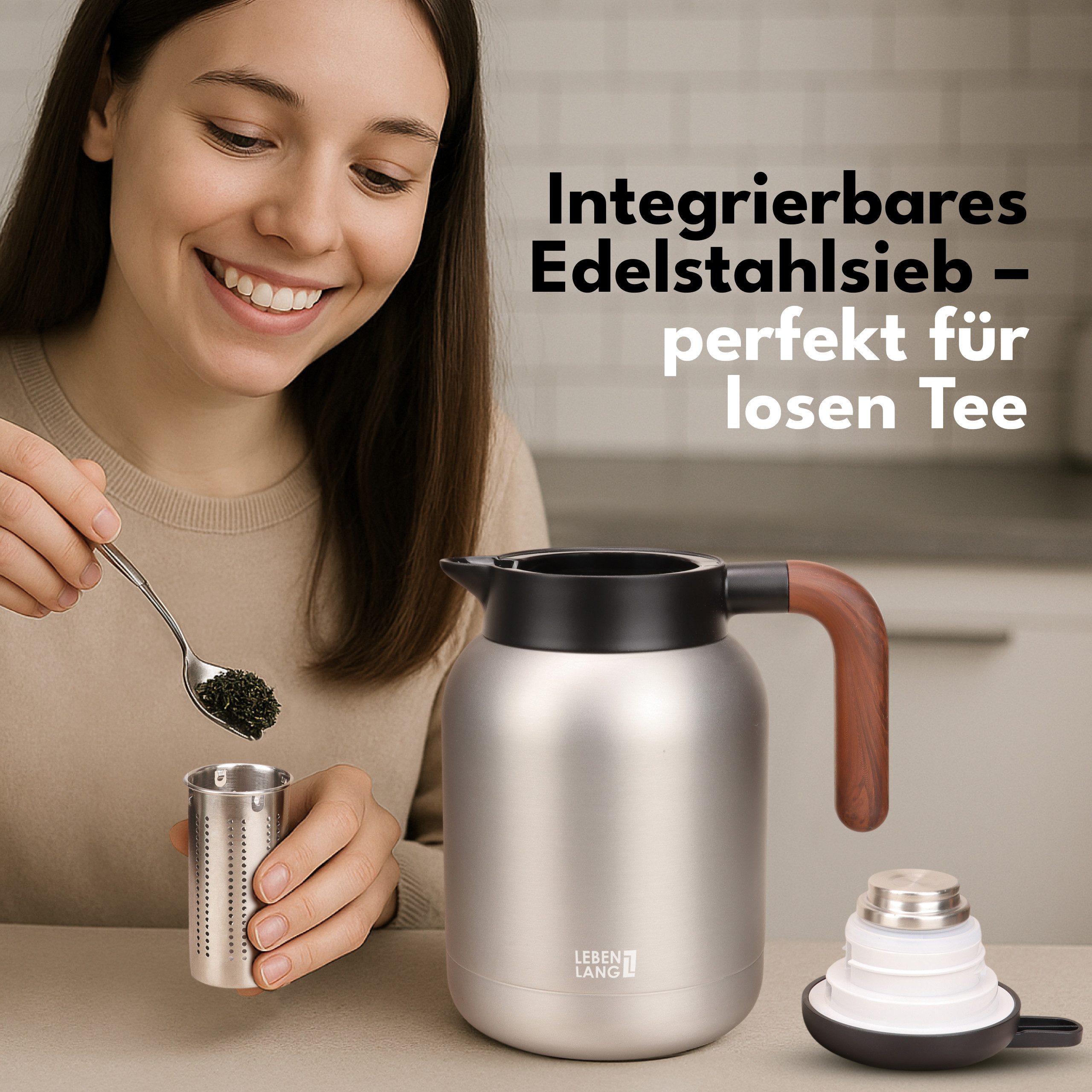 Lebenlang Isolierkanne 1,5L Thermoskanne inkl. Teesieb - Kaffee & Tee - Heiß & Kalt, 1.5 l, Innenwand aus Keramikbeschichtung, Auslaufsicher, Drehdeckel