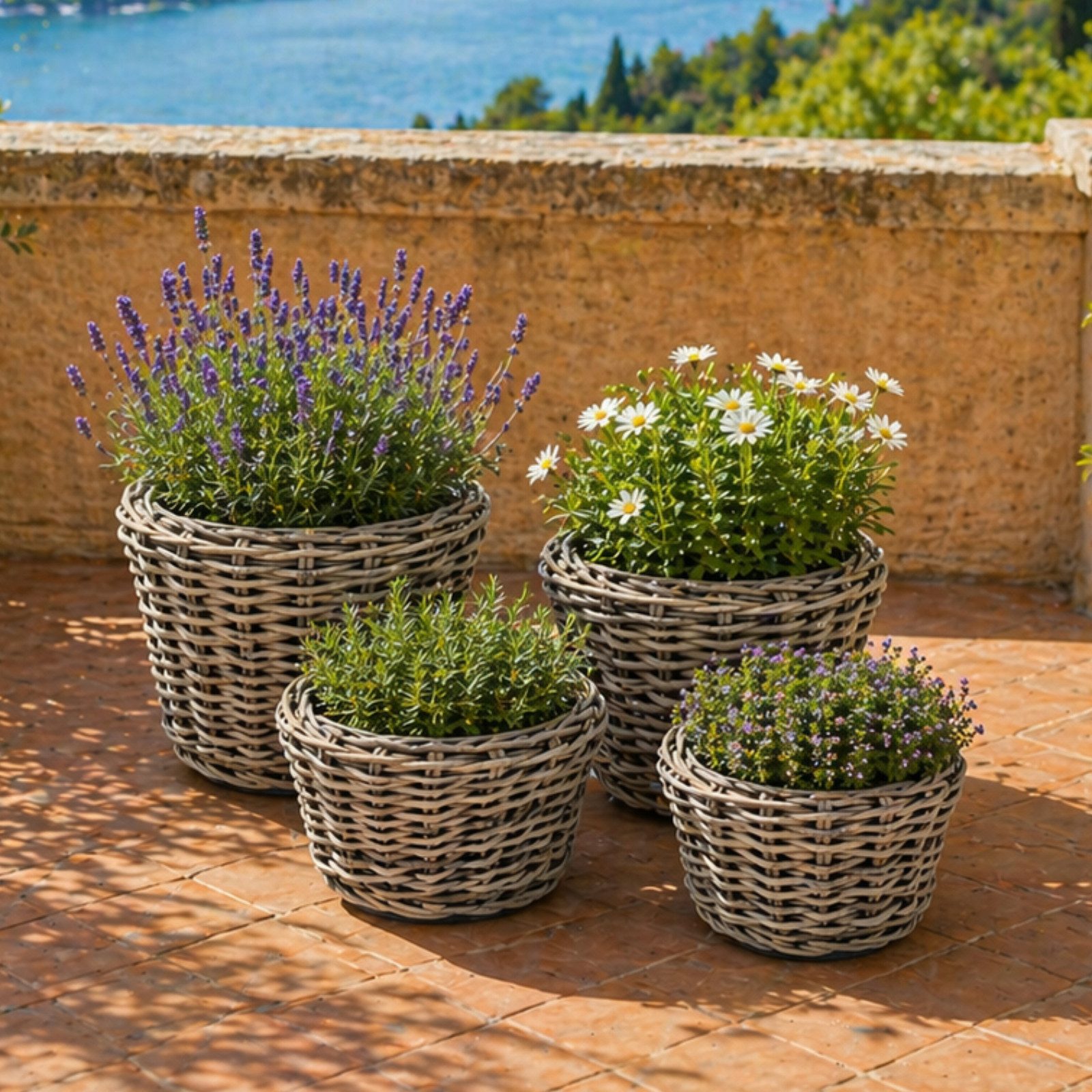 Van der Leeden Blumentopf Pflanzkorb Pflanzentreppe Rattan Korb Pflanzkübel (4 St), 4tlg, 4 Größen, Rattan, Handmade, ohne Wasserablauf