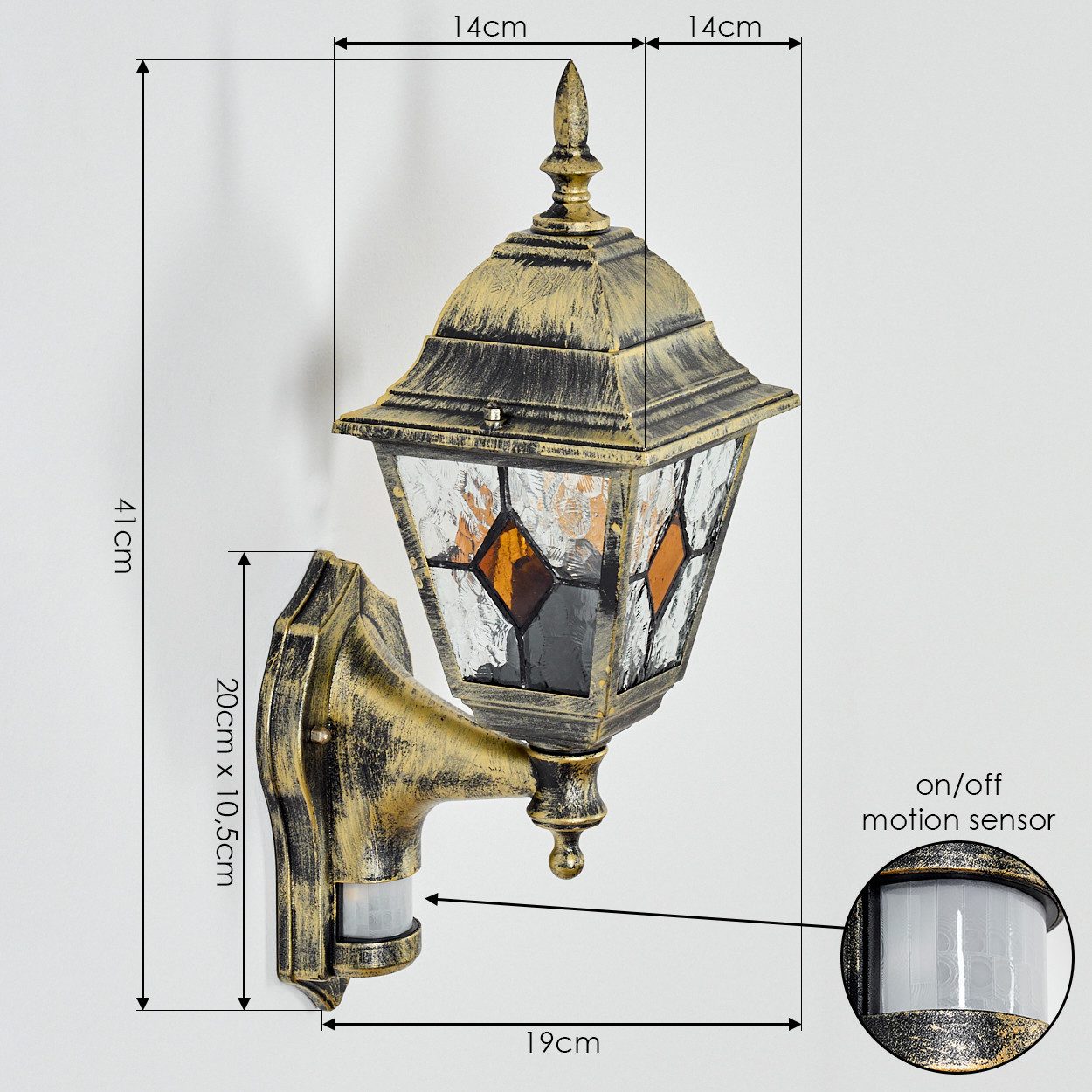 hofstein Außen-Wandleuchte Außenwandlampe mit Bewegungsmelder aus Metall/Glas, E27, IP44, Wandleuchte außen im Vintage/Antik-Design in Schwarz/Gold/Klar/Orange – Bild 4 von 5