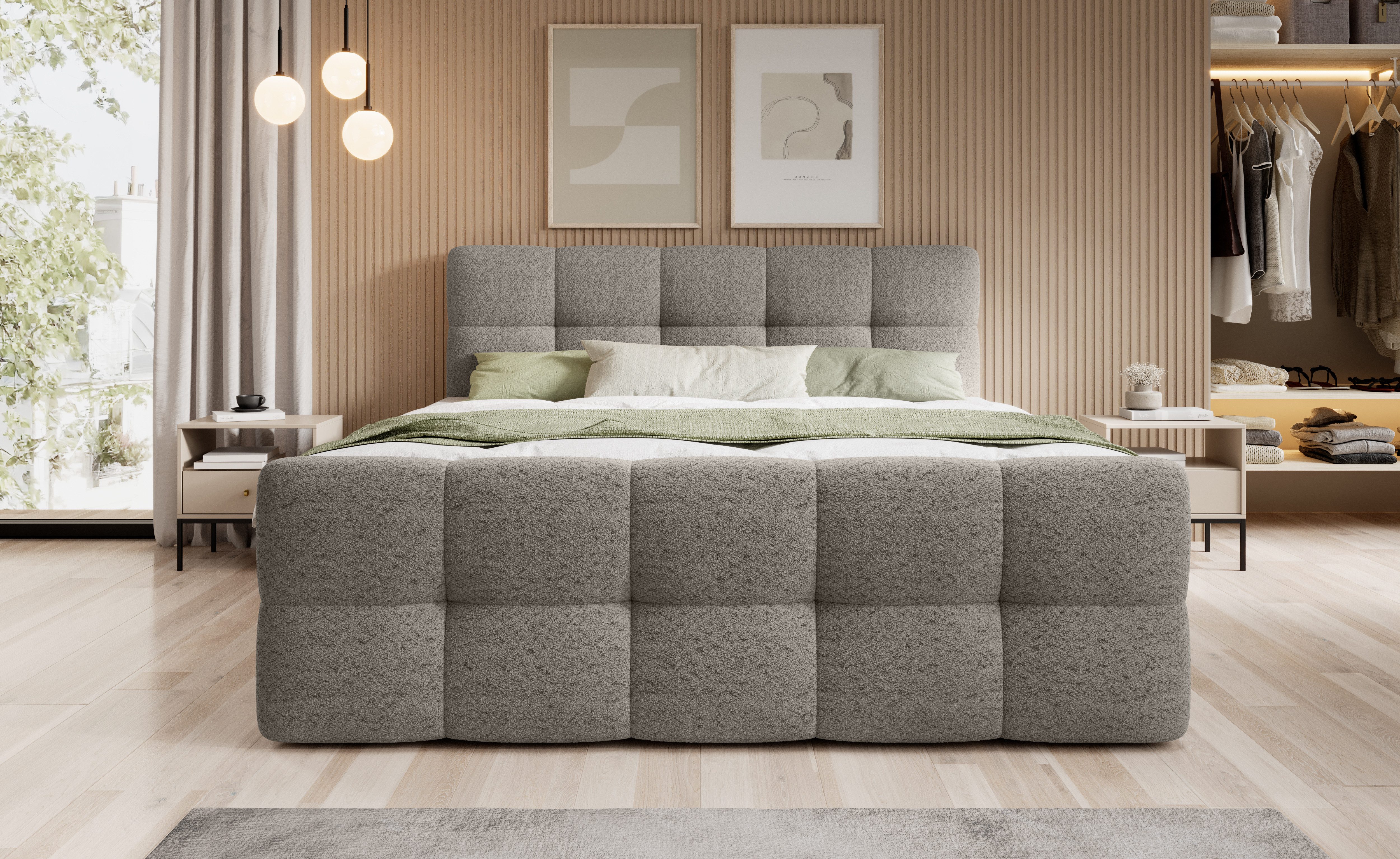 thematys Boxbett mit Bettkasten 140x200–200x200 cm – Velours oder Bouclé Bezug – (Polsterbett Bonnellfederkern Matratze H3 + Gratis 3cm Topper, Boxbett - Luxus Doppelbett mit Stauraum)