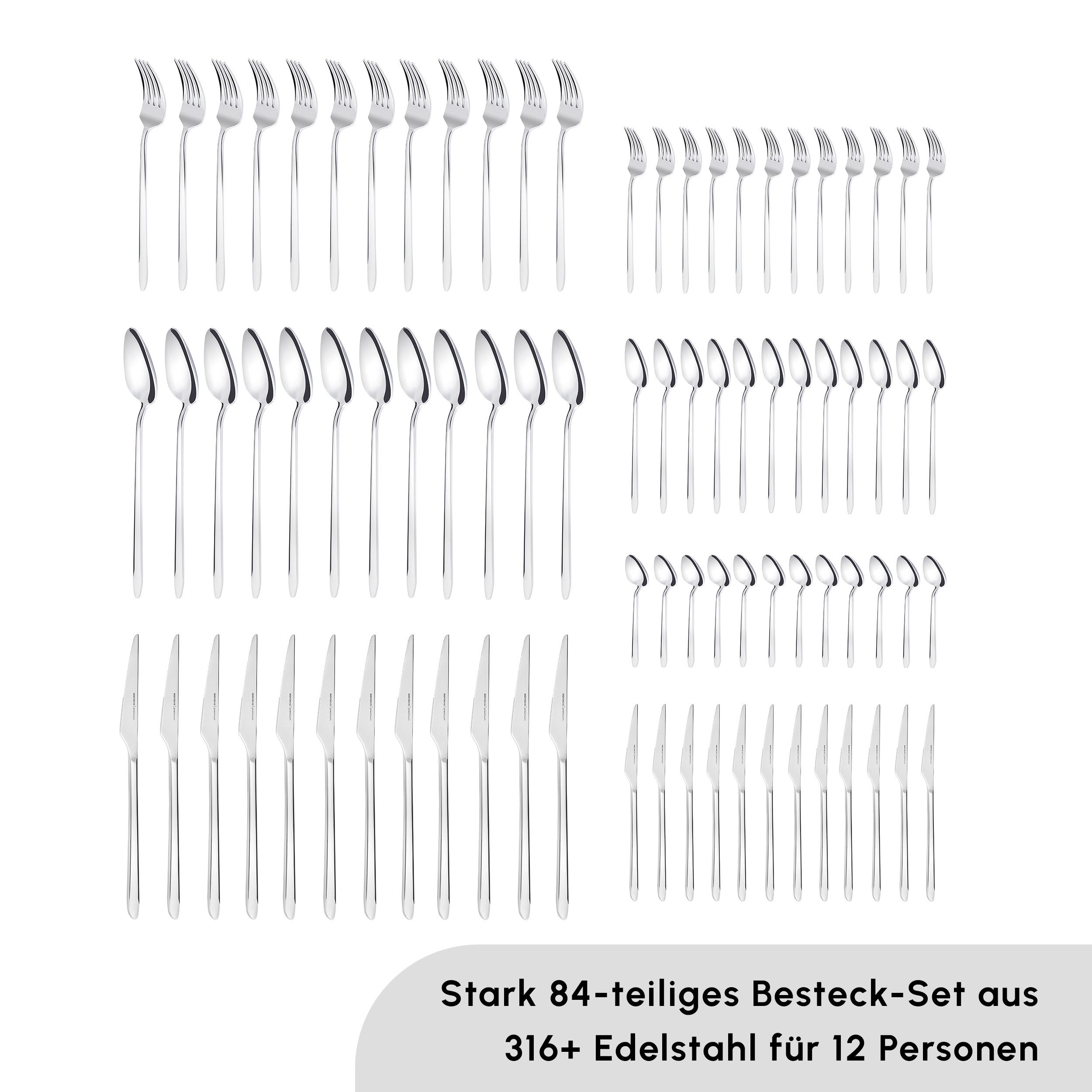 Karaca Besteck-Set Karaca Stark Besteckset für 12 Personen 84-teilig Edelstahl Silber (84-tlg), 12 Personen, 316+ Edelstahl, bruchfest rostfrei