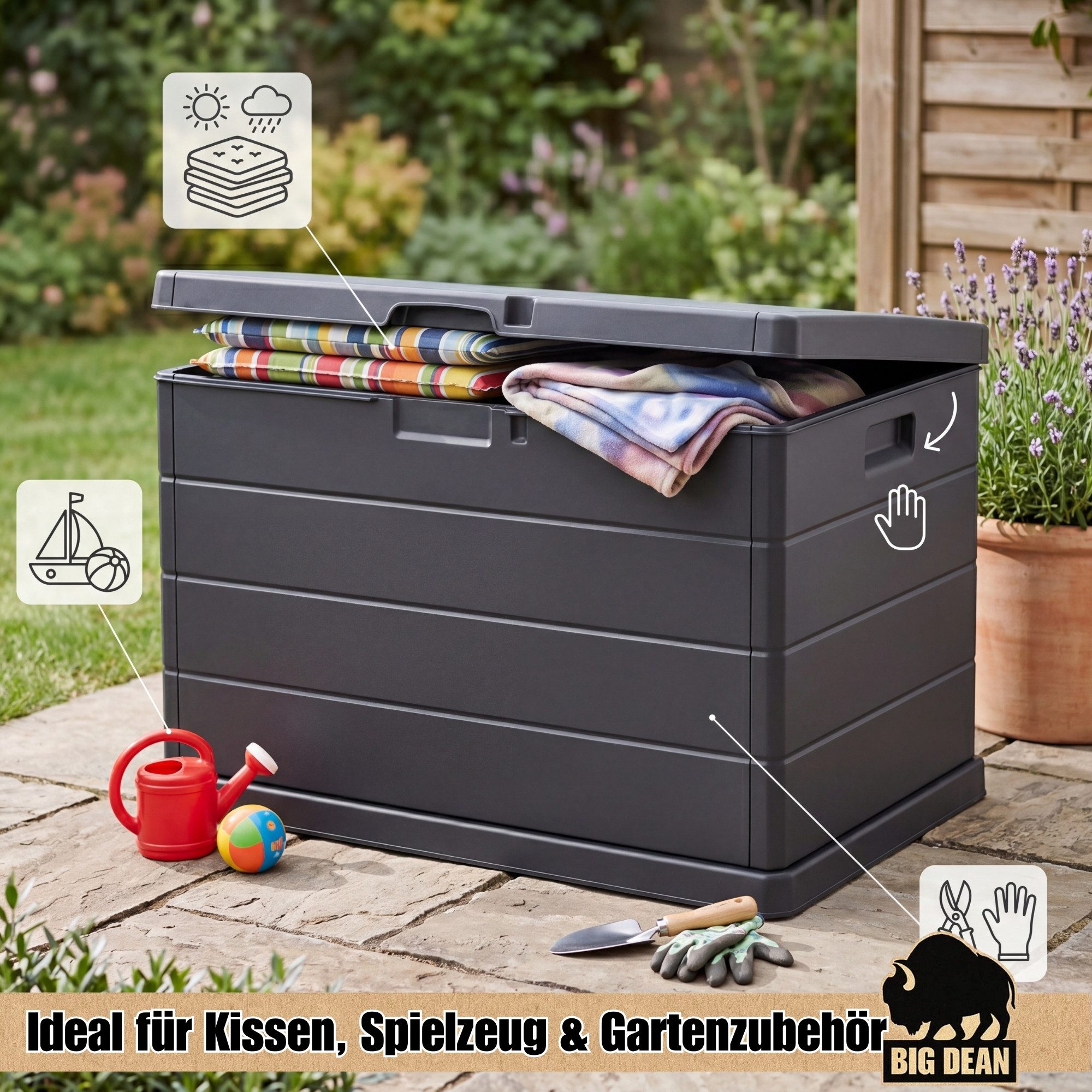 BigDean Auflagenbox Stabile Gartenbox Kissenbox outdoor 78x55x52 abschließbar (Packung, 1 St., Gartenbox), Kompakte 170l Strauraum