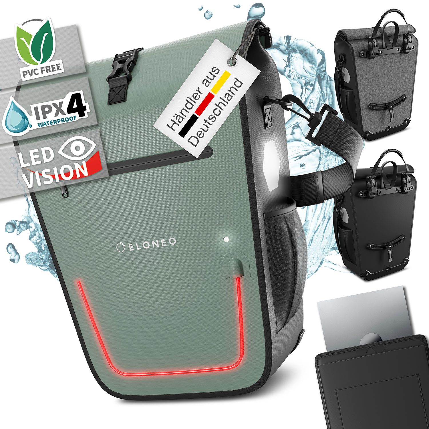 ELONEO Fahrradtasche Gepäckträgertasche, Satteltasche mit Reflektorstreifen, wasserdicht mit LED