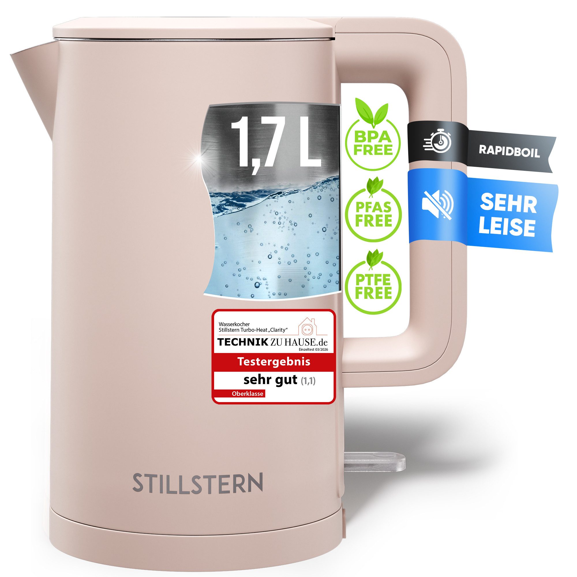 Stillstern Wasserkocher Wasserkocher 1,7L, schnelles Aufkochen, doppelwandig, 1.7 l, 2200 W, Anti Fingerprint, 2200W, Leise