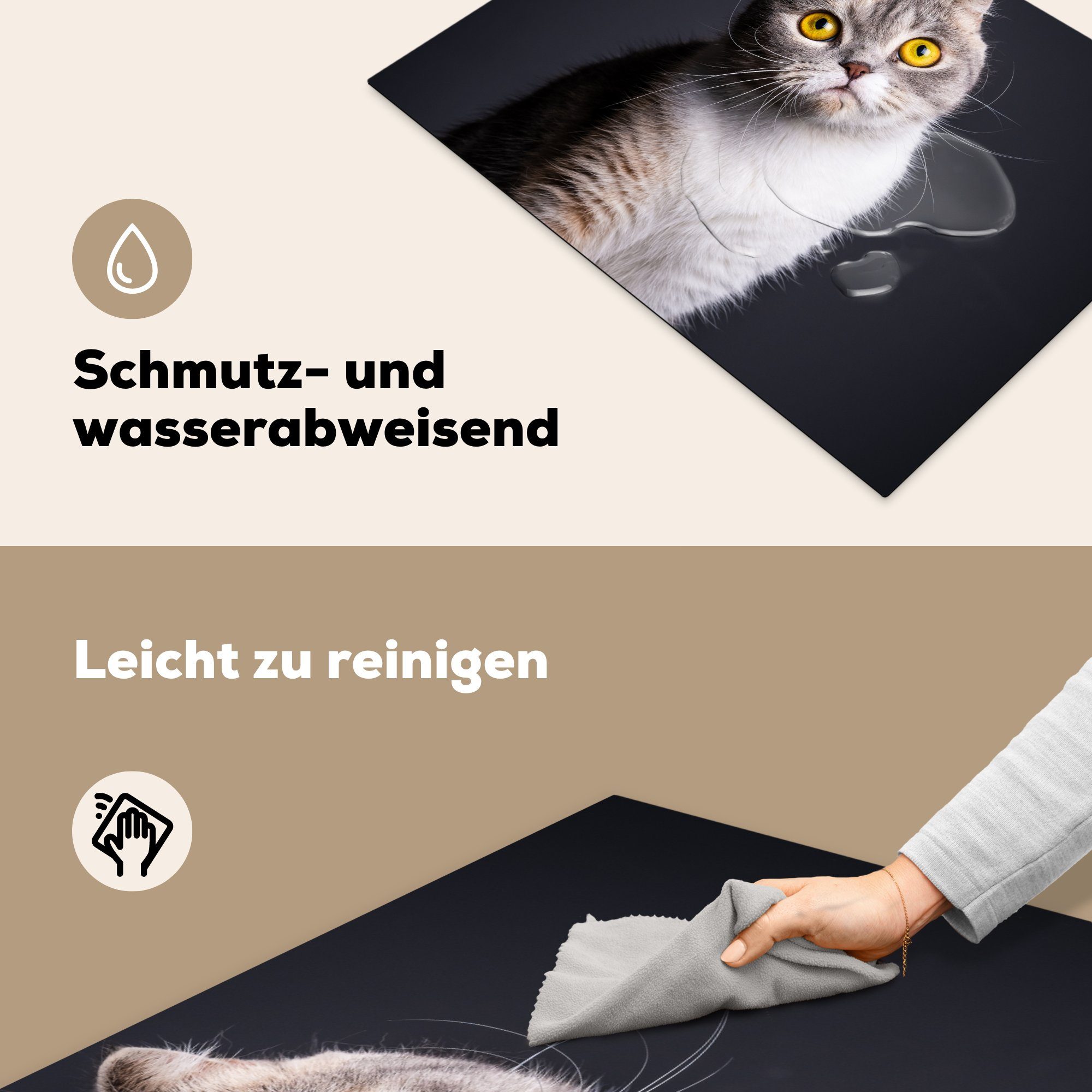 Katze Licht, Herdblende-/Abdeckplatte 71x52 tlg), Augen für cm, küche, Schutz MuchoWow - die (1 Vinyl, - Induktionskochfeld Ceranfeldabdeckung