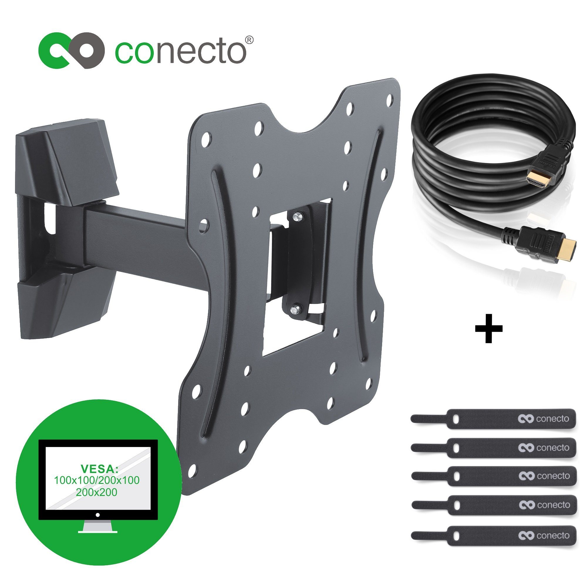 conecto TV-Wandhalterung TV Wandhalter für LCD LED Fernseher & Monitor, (bis 42 Zoll, inklusive HDMI-Kabel und Klett-Kabelbinder, neigbar, schwenkbar)