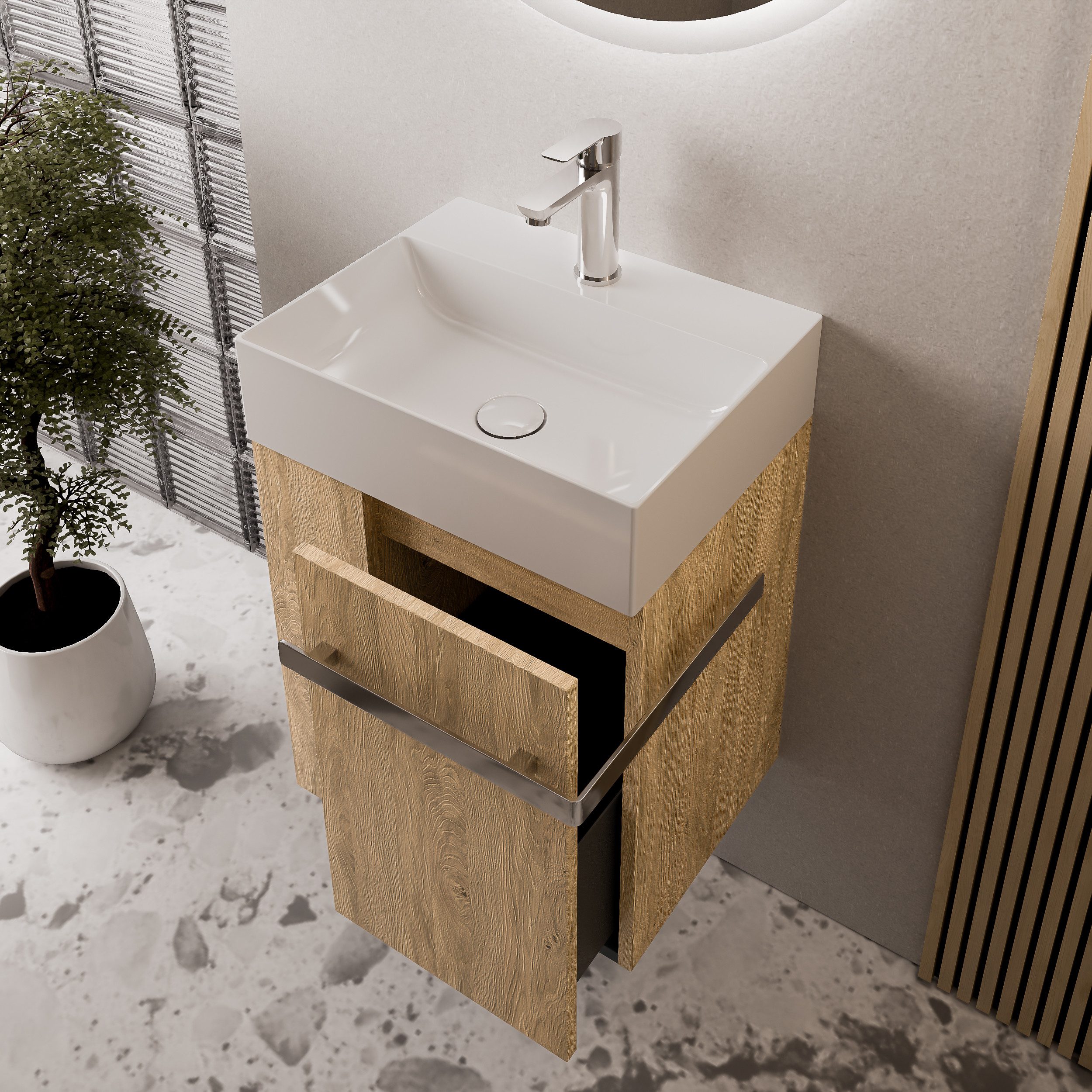 Bernstein Waschbeckenunterschrank COMPACT 450 Eiche honiggold REGAL rechts GRIFF Chrom Waschtischunterschrank mit Waschbecken 1 Schublade & Regal