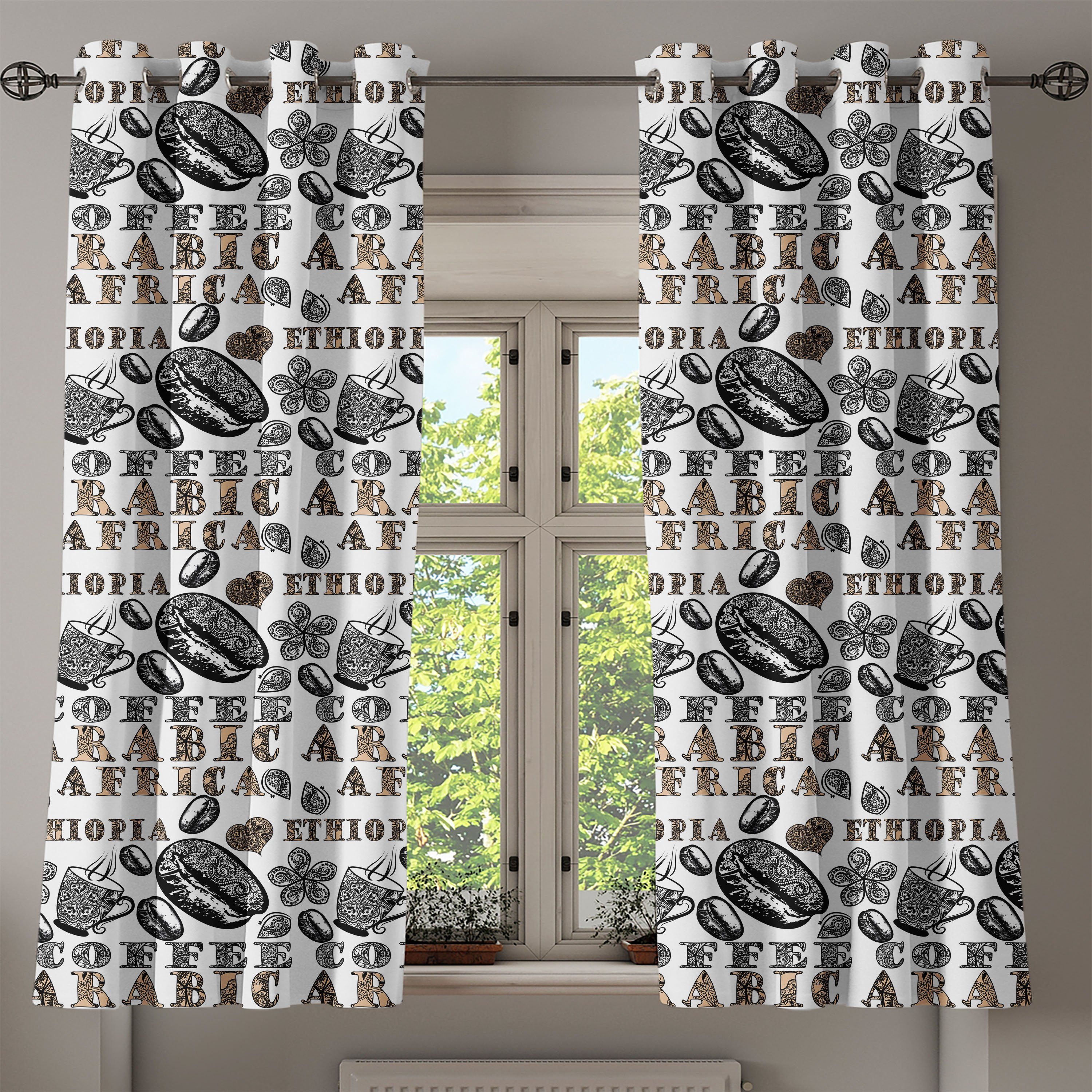 Dekorative Kaffeebohnen Gardine für Schlafzimmer Ethnisch Wohnzimmer, 2-Panel-Fenstervorhänge Abakuhaus,