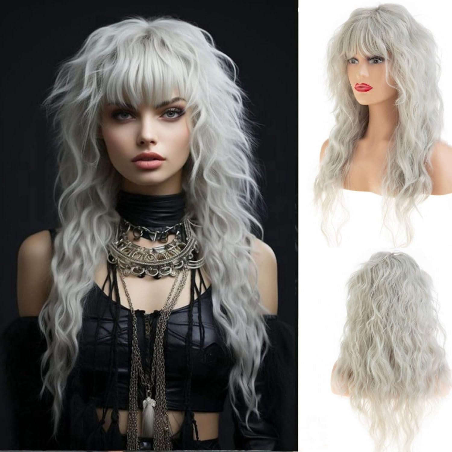 LuxusKollektion Kostüm-Perücke Perücke Damen lang lockig Pony synthetisch Cosplay Grau2