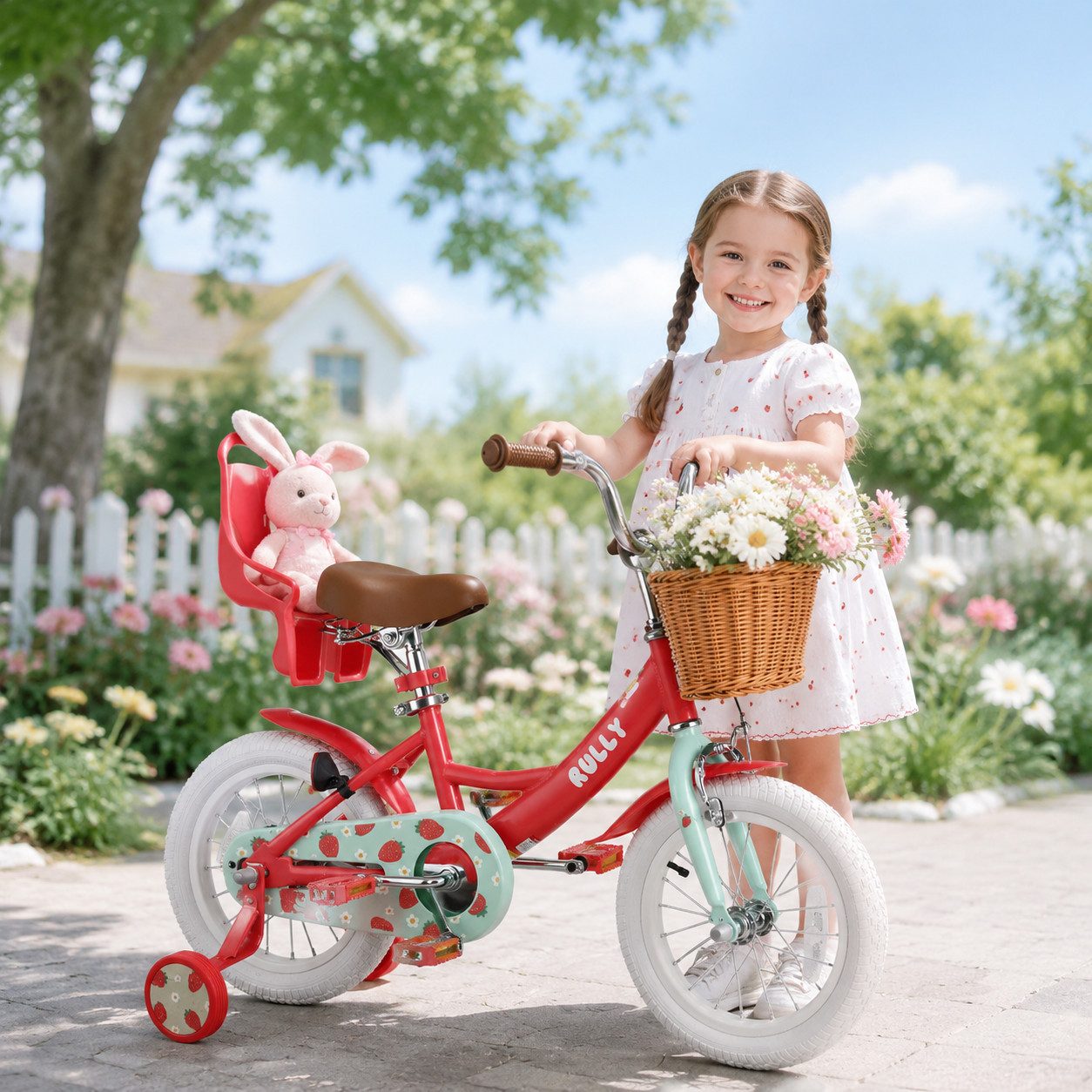 RULLY Kinderfahrrad Kinderfahrrad für Mädchen 12/14/16 Zoll, 2–7 Jahre, 1 Gang, Mit Korb, Puppensitz, Stützrädern, Schutzblech & Klingel