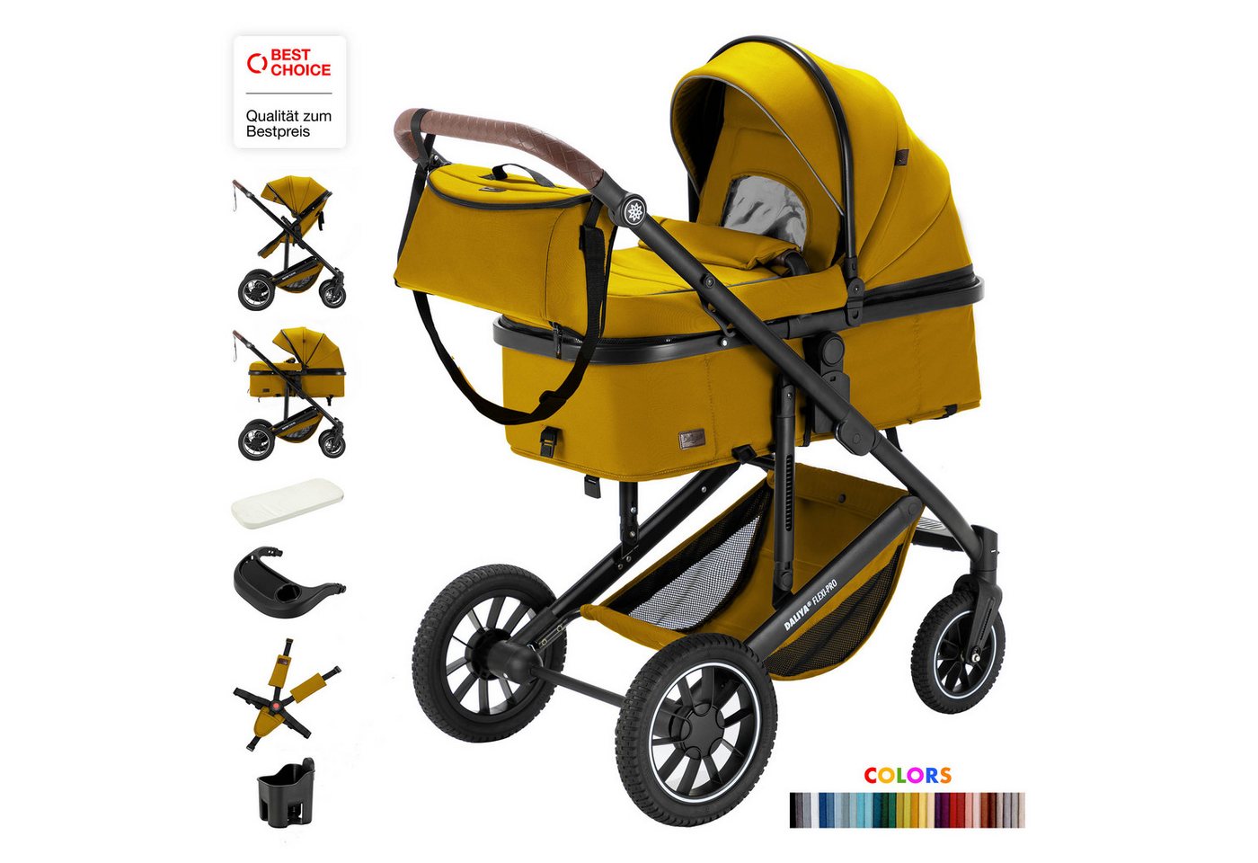 Daliya® Kombi-Kinderwagen FLEXI-PRO M 2in1 Kinderwagen & Buggy, Reisekinderwagen, XXL Set, (10-tlg), Einhändig abnehmbare Wanne, Alu-Rahmen, Gummireifen, Gurte, UV 50+