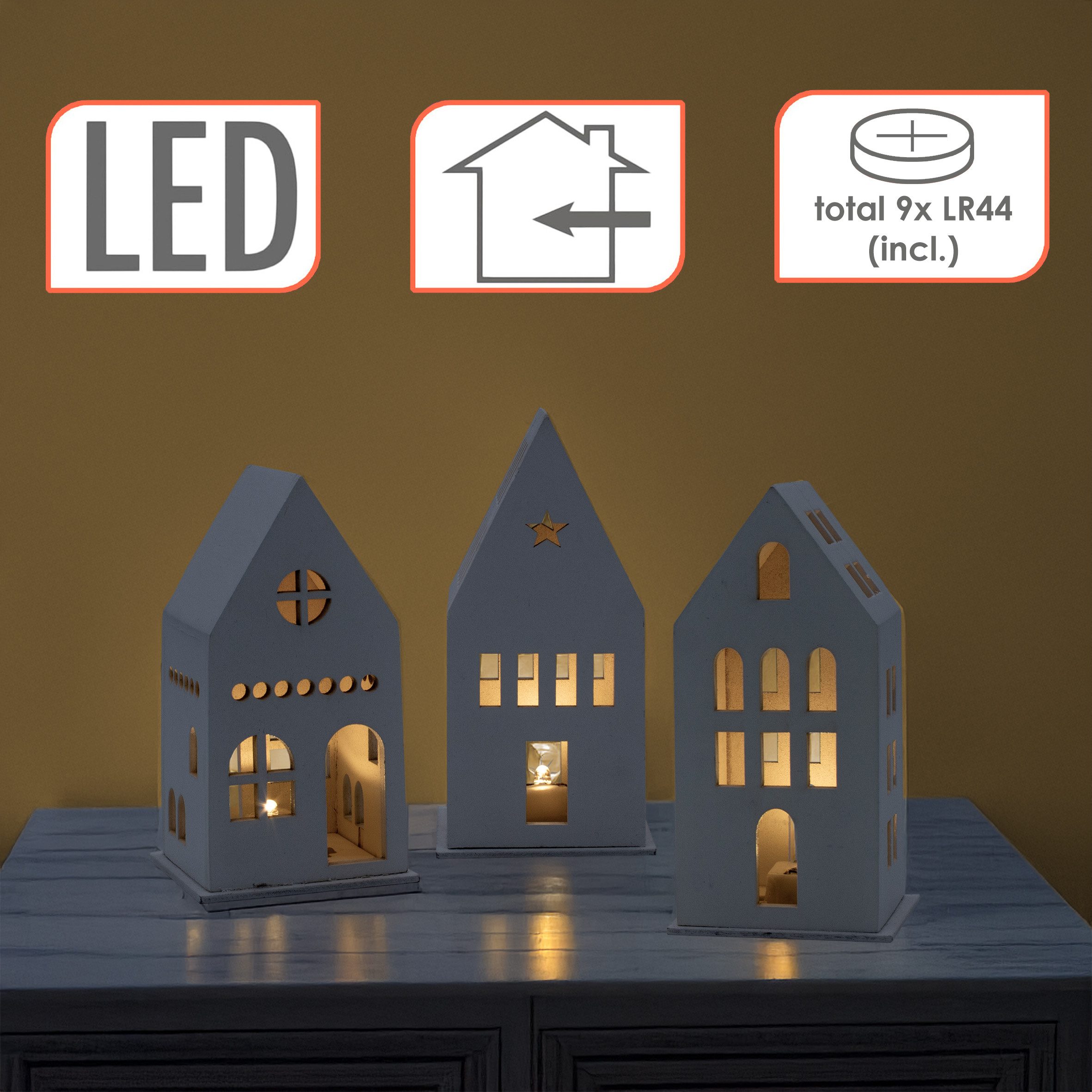 Spetebo Weihnachtsdorf LED Holz Haus weiß Batterie betrieben 13 cm 3er Set, mit AN-/AUS-Schalter am Batteriefach