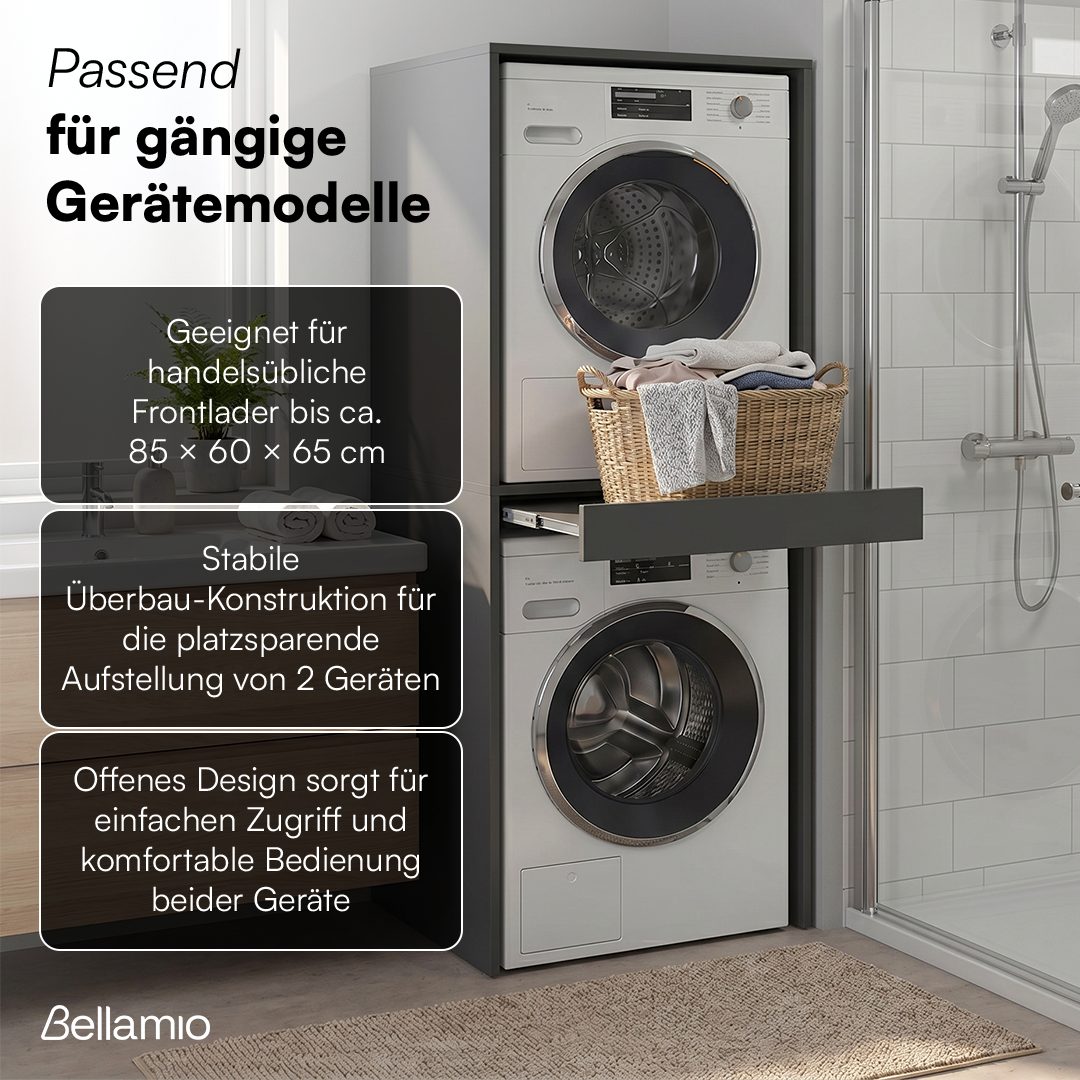 Bellamio Waschmaschinenumbauschrank Vist, Waschturm für Waschmaschine & Trockner mit ausziehbarer Ablage (187 x 65 x 66 cm (HxTxB), anthrazit) Hochschrank kompatibel mit Standardgeräten, mit Wandanschluss