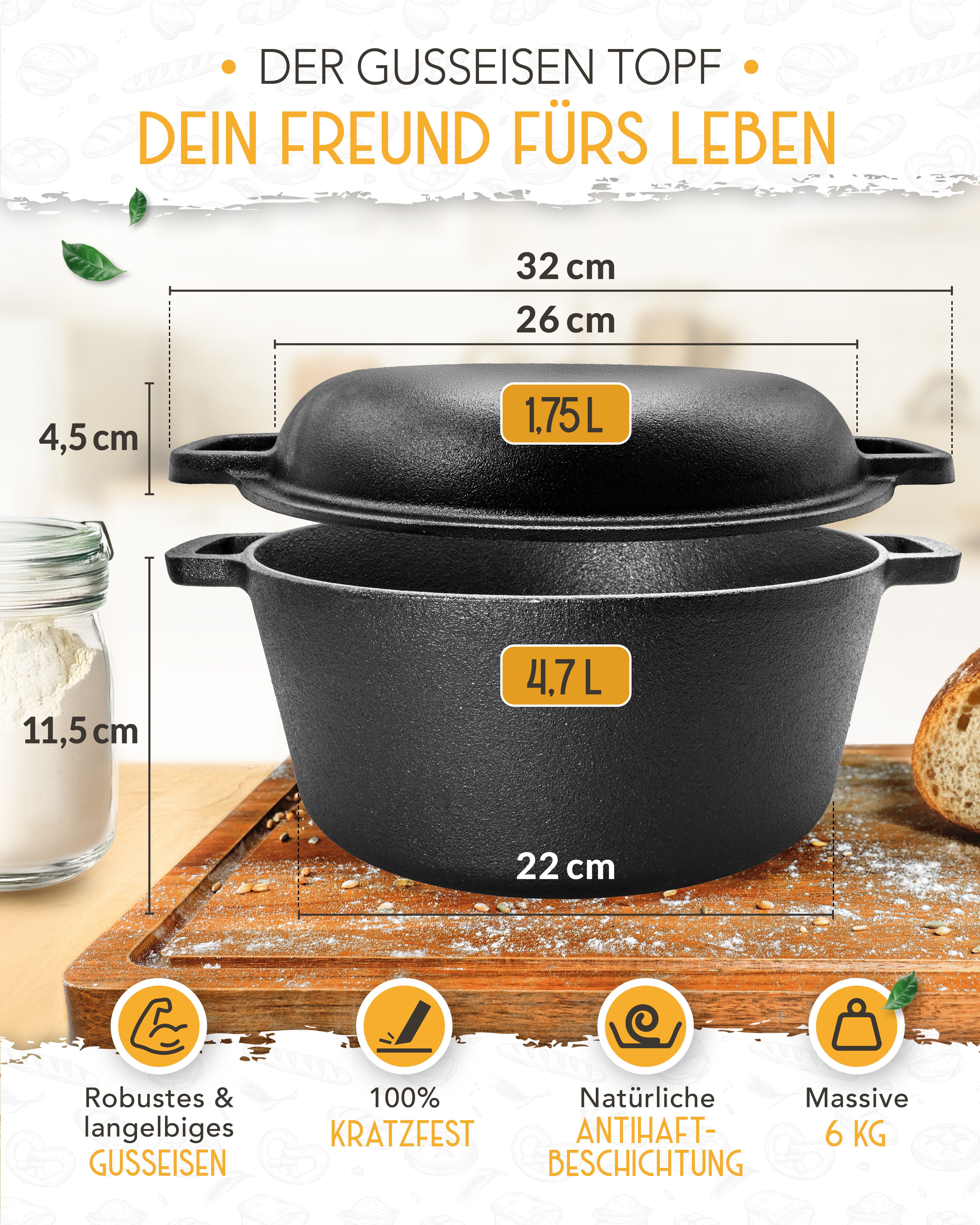 Krustenzauber Kasserolle Gusseisen Topf als Kochtopf, Schmortopf oder Brotbackform