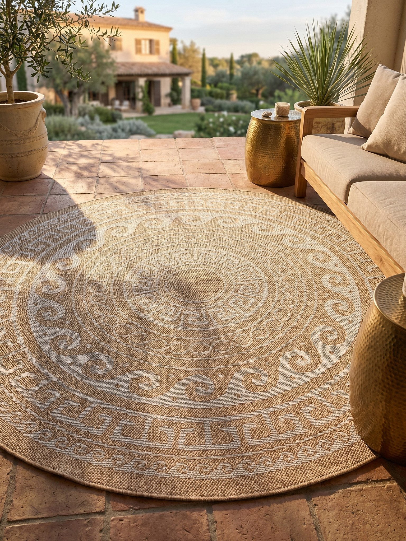 KADIMA DESIGN Outdoorteppich KAUNS Wetterfest UV-Beständig Balkon Waschbar Vintage, Rund, Höhe: 3 mm, Beige, 80x80 cm, Strapazierfähig Balkonteppich Waschbar