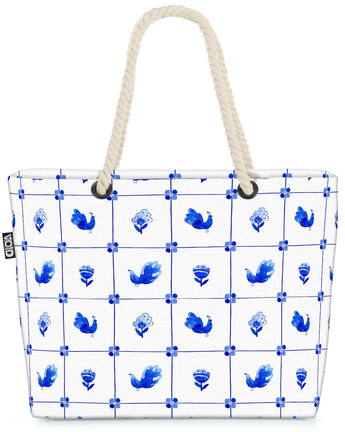 VOID Strandtasche (1-tlg), Küchenfliesen Kachel Blumen Huhn Tiere küche blau weiss gemustert ret