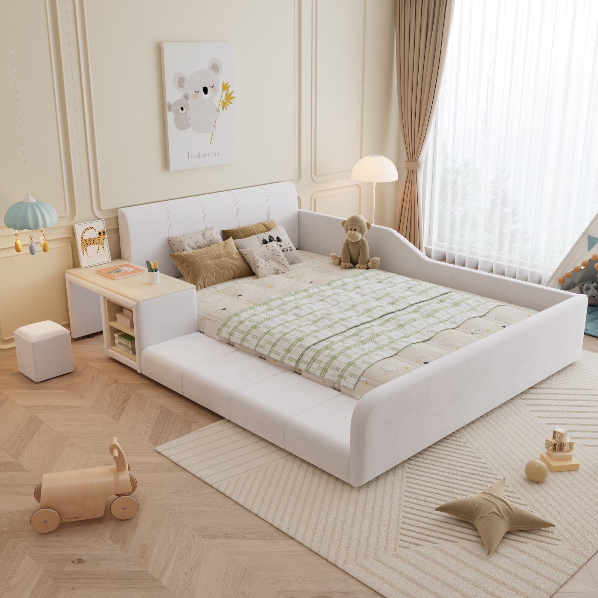 Flieks Polsterbett, Kinderbett 140x200cm mit Schreibtisch und Hocker mit Rausfallschutz