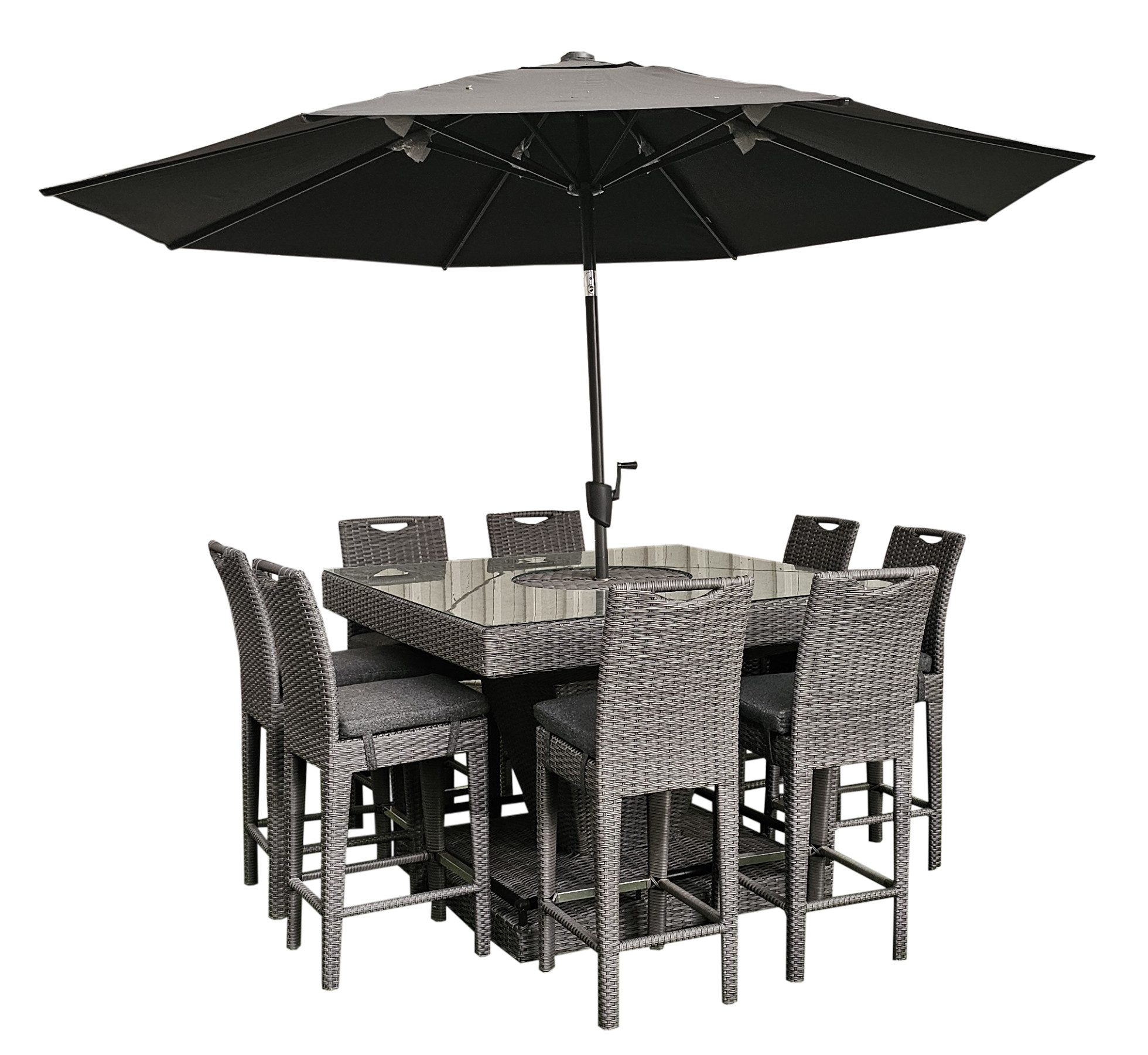 TEICO GROUP Gartenbar-Set Sitzgruppe Polyrattan Bar Stehtisch 18-tlg. inkl. Sonnenschirm, (18-tlg), Barhocker m. Lehne/Kissen,Tisch m. integ. Flaschenkühler,Sonnenschirm