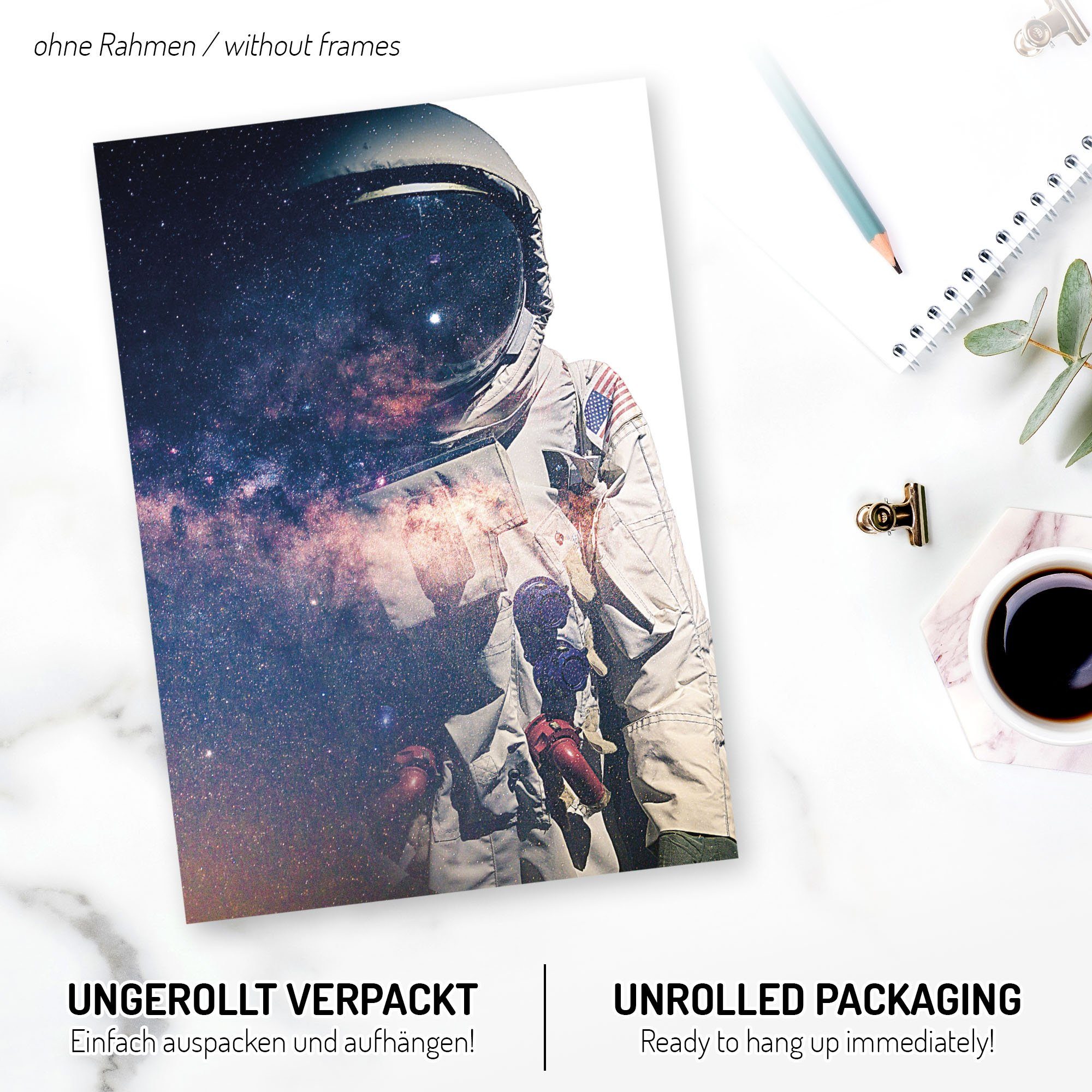 Kreative Feder Poster, Astronaut, Weltall, Space, Wissenschaft, Erde, Sterne, Universum (Set, 6 St), 6-teiliges Poster-Set, Wandbild, Posterwand, optional mit Rahmen