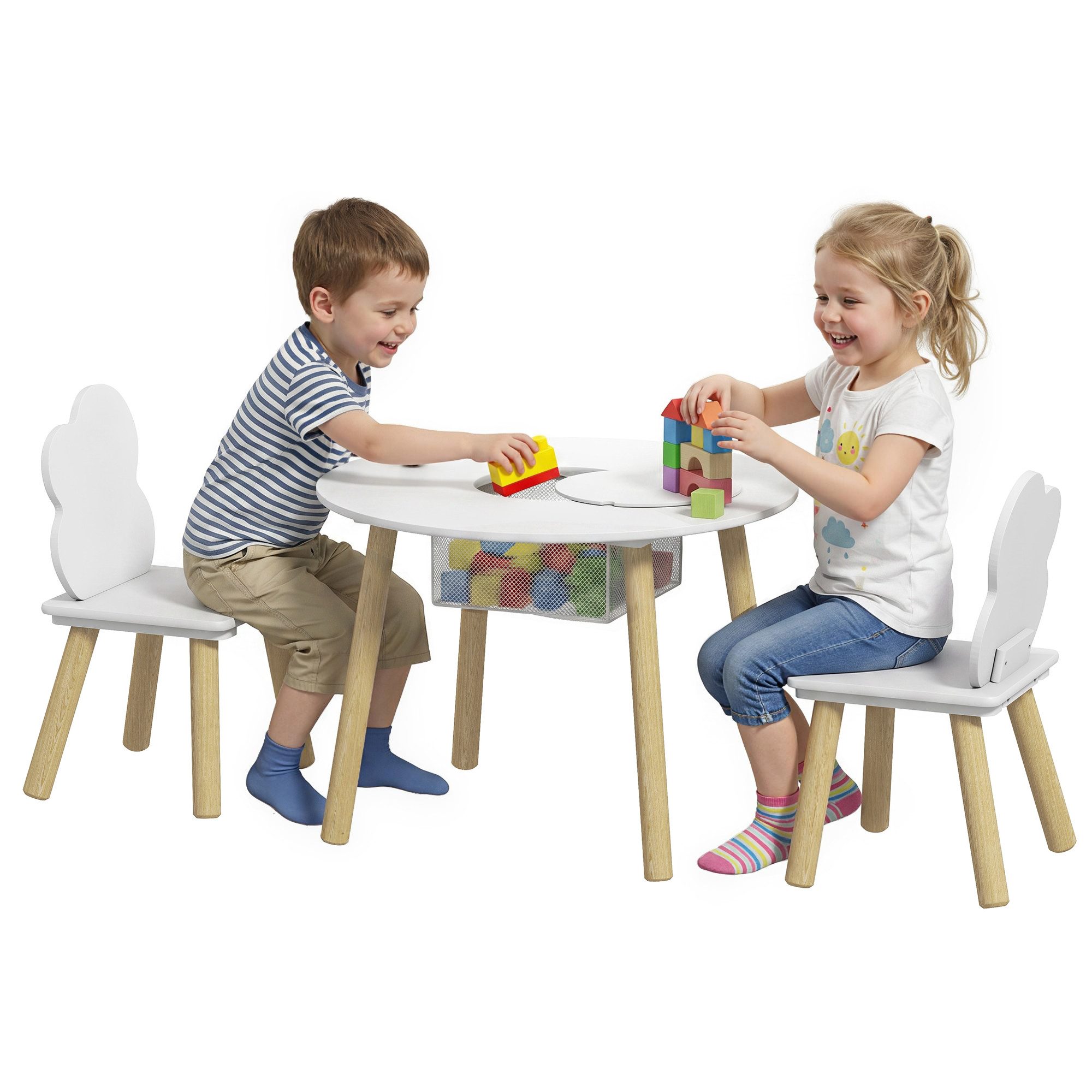 AIYAPLAY Kindersitzgruppe Kinder Tisch Stuhl Set mit Aufbewahrungsnetz, (mit Holzbeinen, 3-tlg., 1 Tisch, 2 Stühle), für Kinderzimmer, für 3-6 Jahre Kinder, Weiß