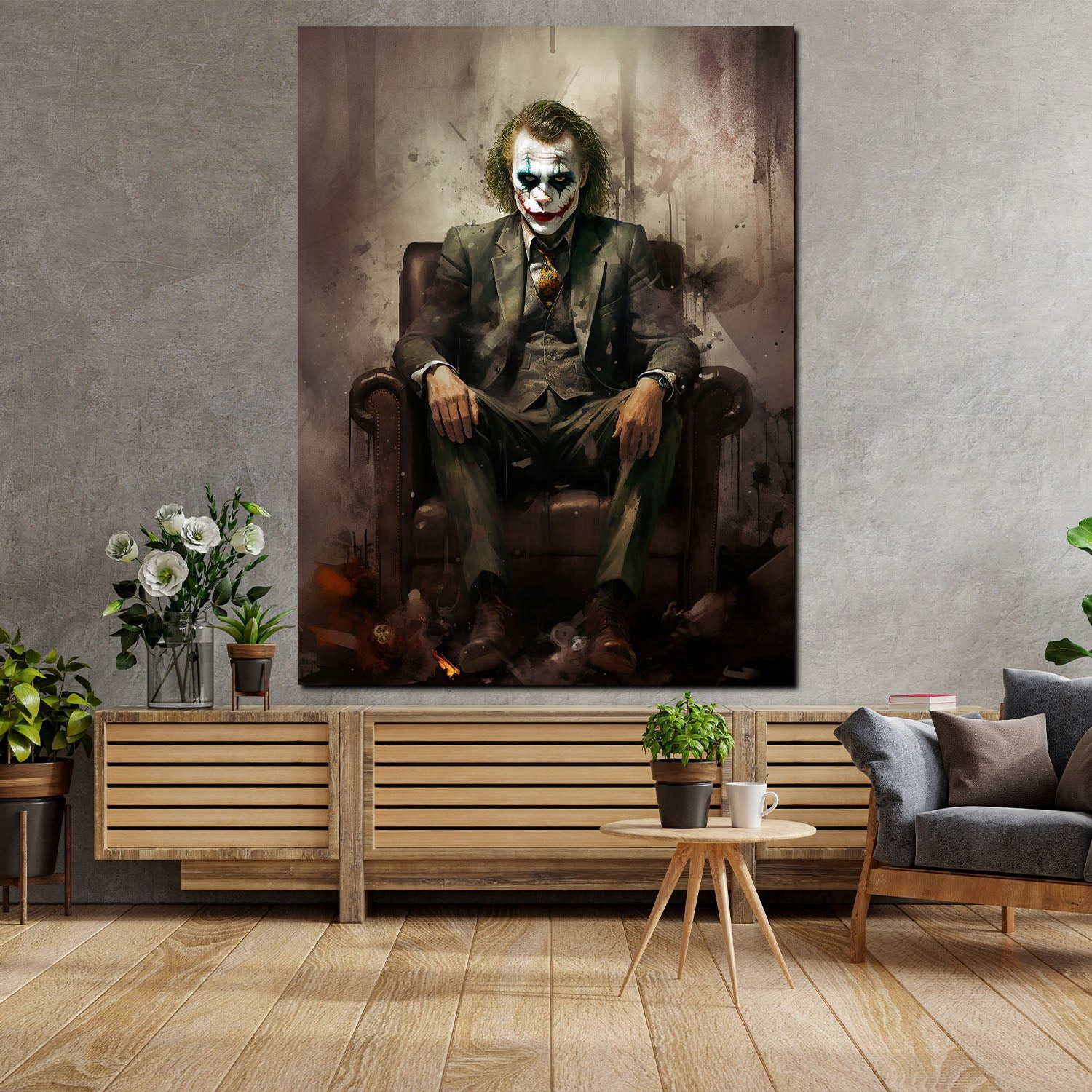 Artedinoi Leinwandbild Joker im Anzug sitzend Pop Art Leinwandbild Wandbild Deko XL Kunst, Joker im Anzug, sitzend