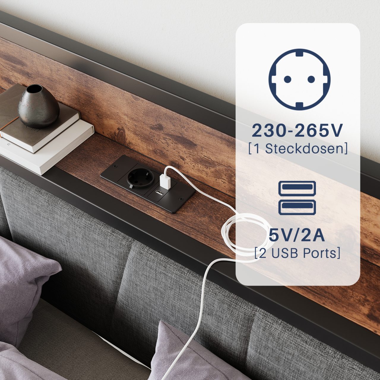 HOMERECOMMEND Metallbett mit 2 USB-Anschlüssen, LED Beleuchtung (1-tlg), Vintage Braun + Schwarz, 120x200cm