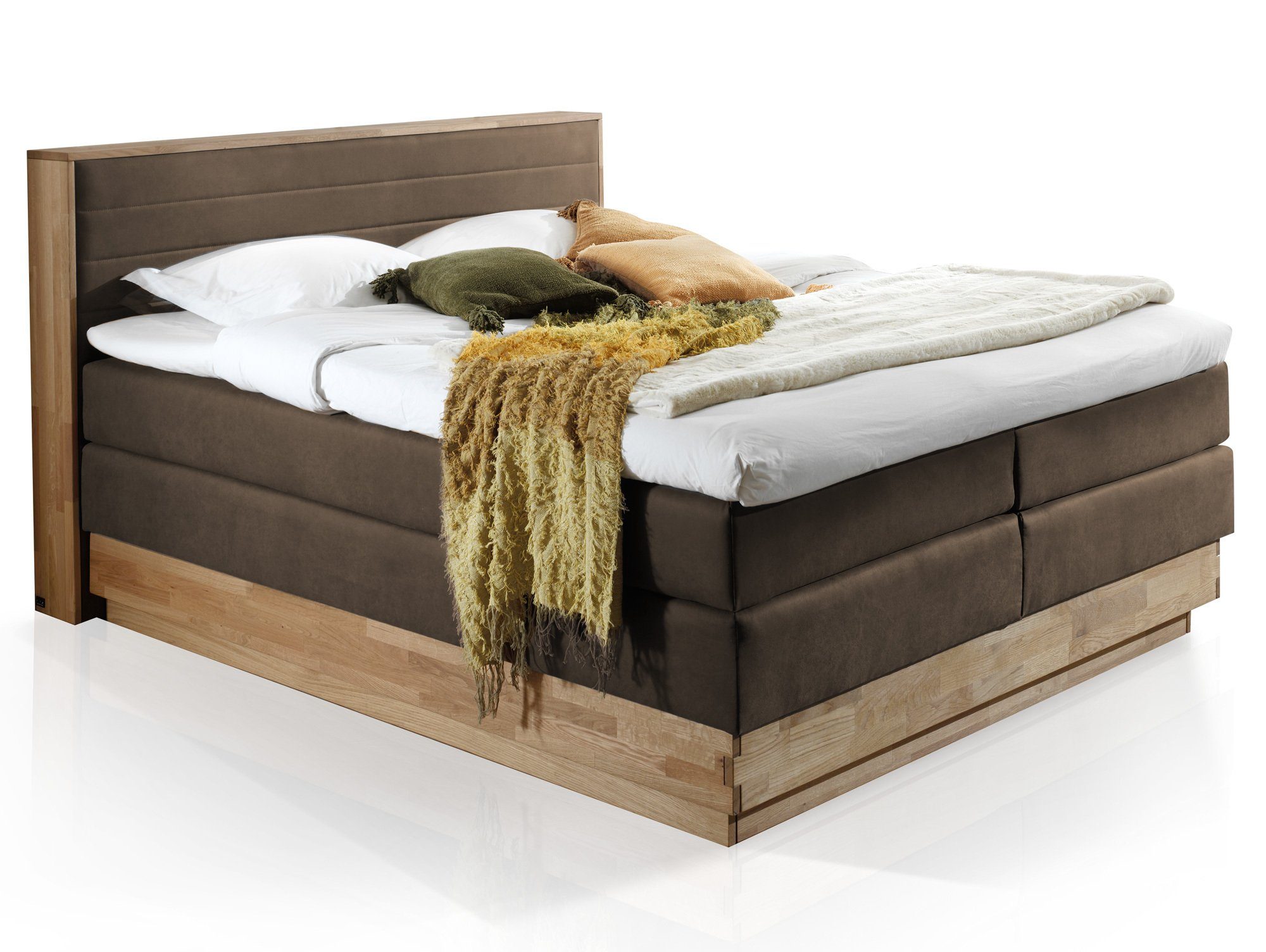 Moebel-Eins Boxspringbett, MENOTA Boxspringbett mit Bettkasten, massivem Holzrahmen und Bezug im Vintage Look