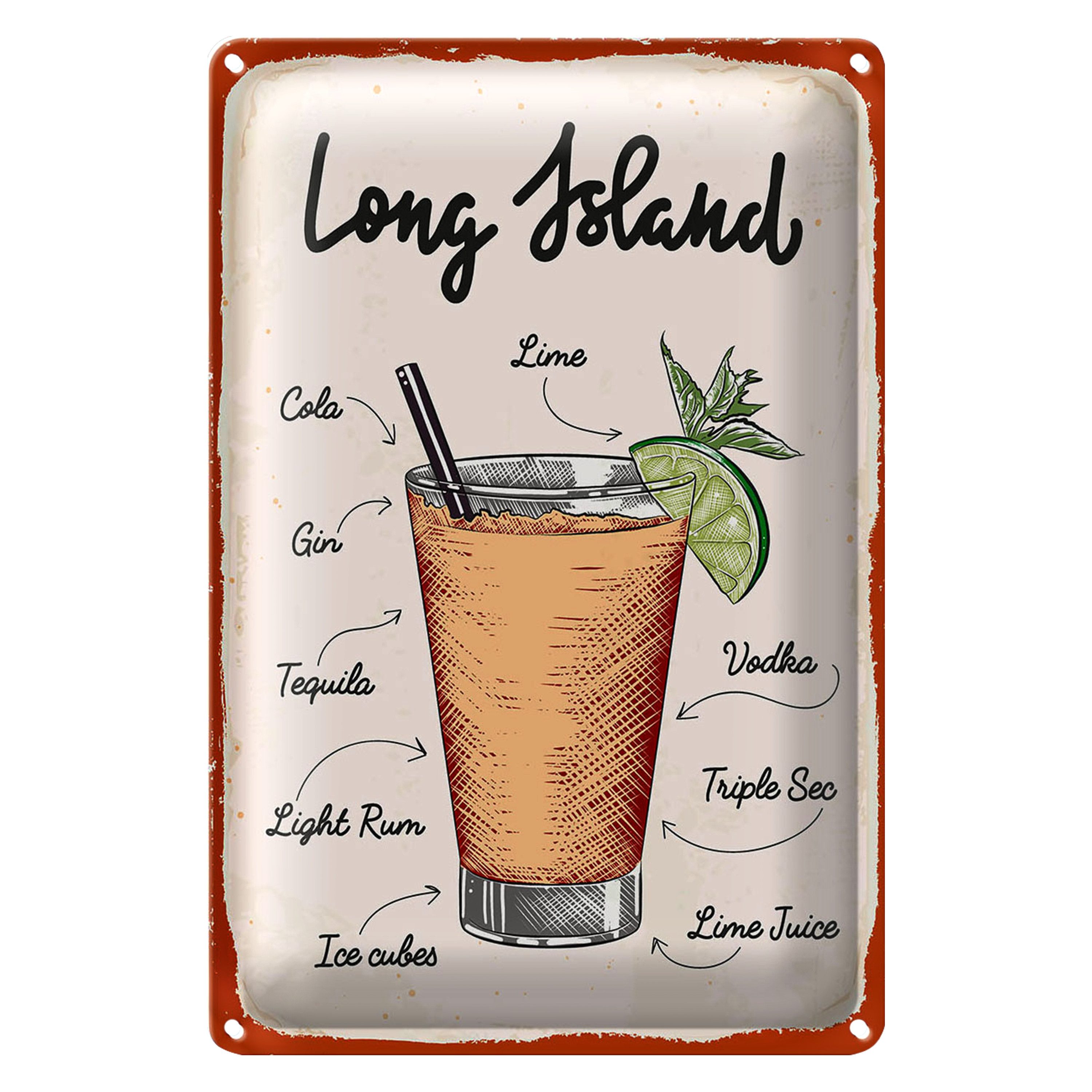 Roomando Metallschild Blechschild Rezept Long Island Cocktail Recipe 20x30cm