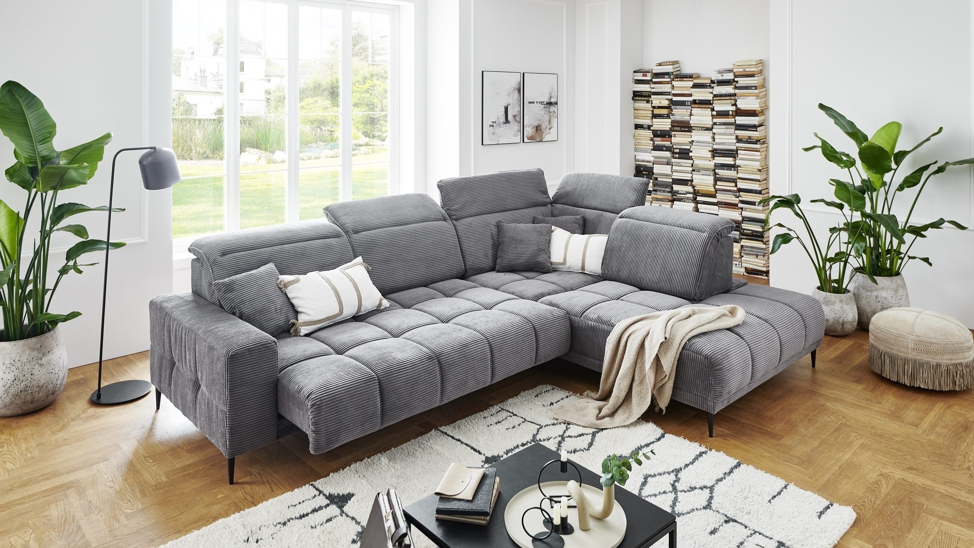 freiraum Wohnlandschaft Lindesberg, elektr. Sitzverstellung, Federkern, dunkelgrau - 317x107x230 (BxHxT)