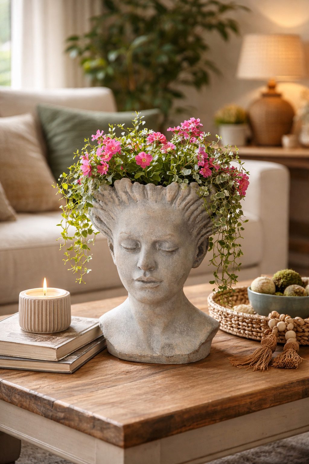 finehomegarden Blumentopf Pflanzkopf Büste Ø22x29cm H28cm Figur zum Bepflanzen Mädchenkopf (1 St), Pflanzgefäß Zement grau gewischt Pflanztopf / Paket